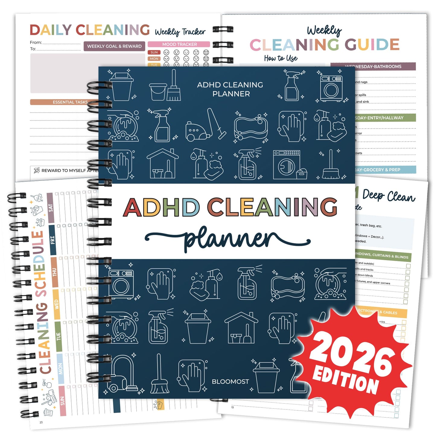 BLOOMOST ADHD Cleaning Planner - Cleaning Schedule and Checklist Organizer for Adults and Teens - Daily, Weekly & Monthly Household Cleaning Checklist for ADHD Minds - Stress-Free Housework