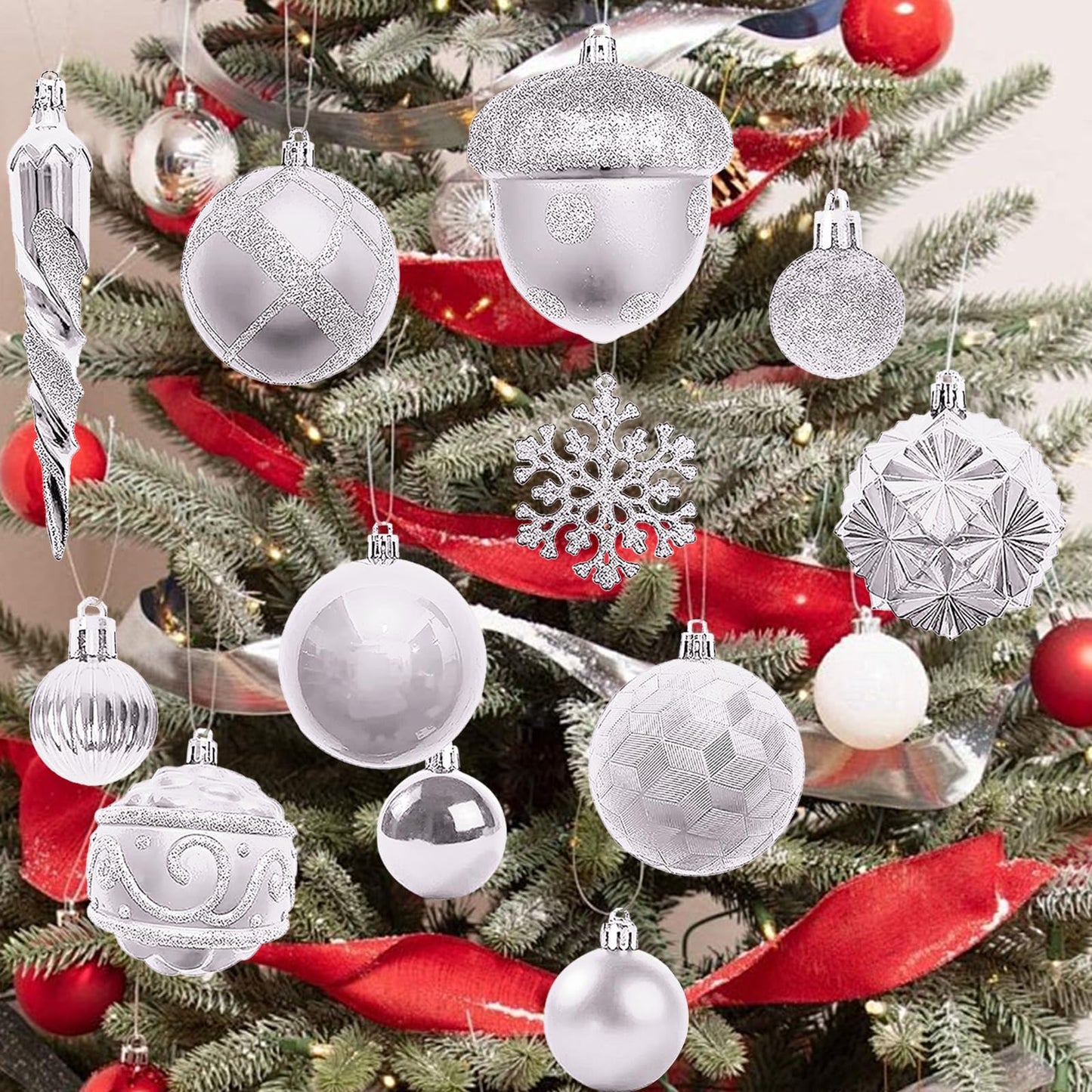 Napzy 62 Count Shatterproof Christmas Ball Ornaments Set, Silver Christmas Tree Decorations for Xmas Holiday Party Decor, Wreath and Garland Hanging Balls