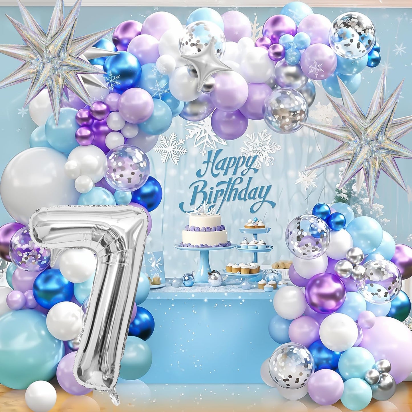 Snow 7th Birthday Decorations Girl, Snowflake Balloon Garland Arch Kit, Laser Explosion Star Balloons, Silver Number 7 Balloon Tower for Baby Shower Girls 7th Snow Theme Party Supplies