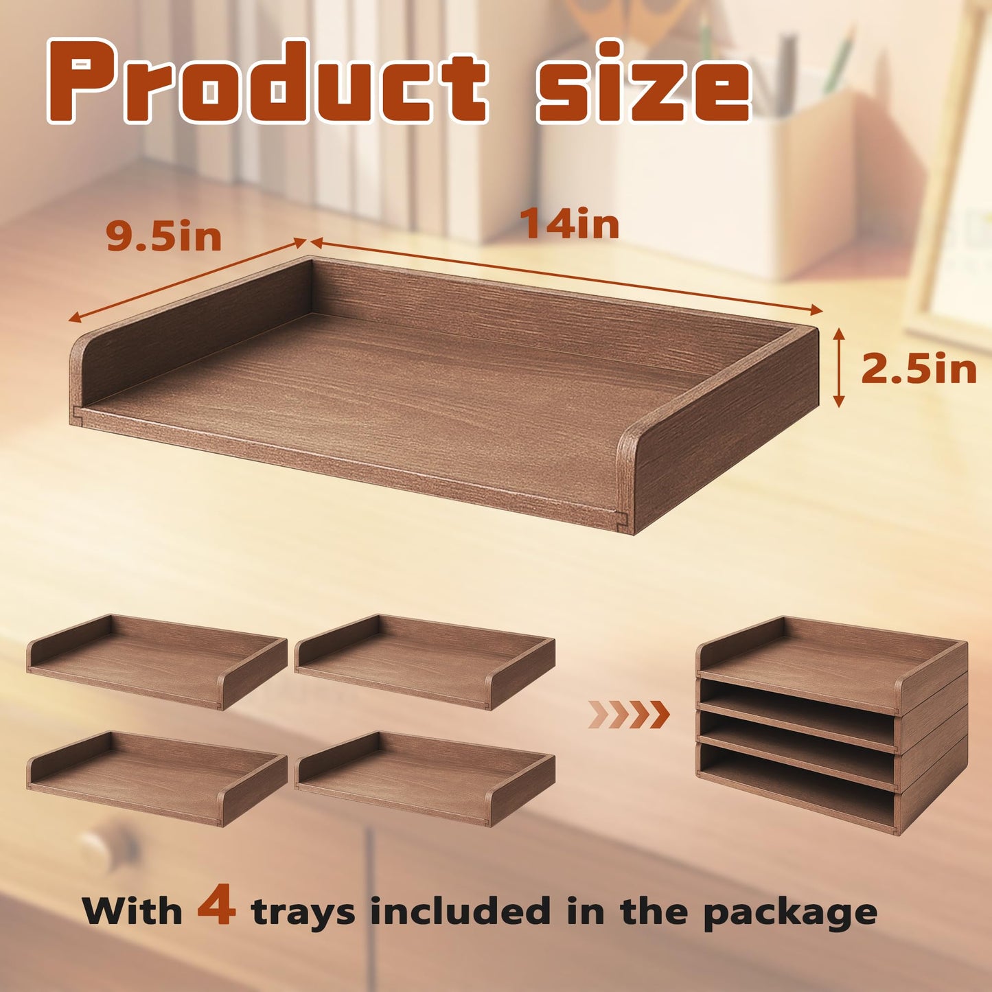 PROLEE Wooden Paper Tray Organizer for Desk,Stackable Paper Holder and Letter Tray,4-Tier Desktop File Storage Rack for Study,Home and Office(Walnut,14" x 9.5" x 2.5")