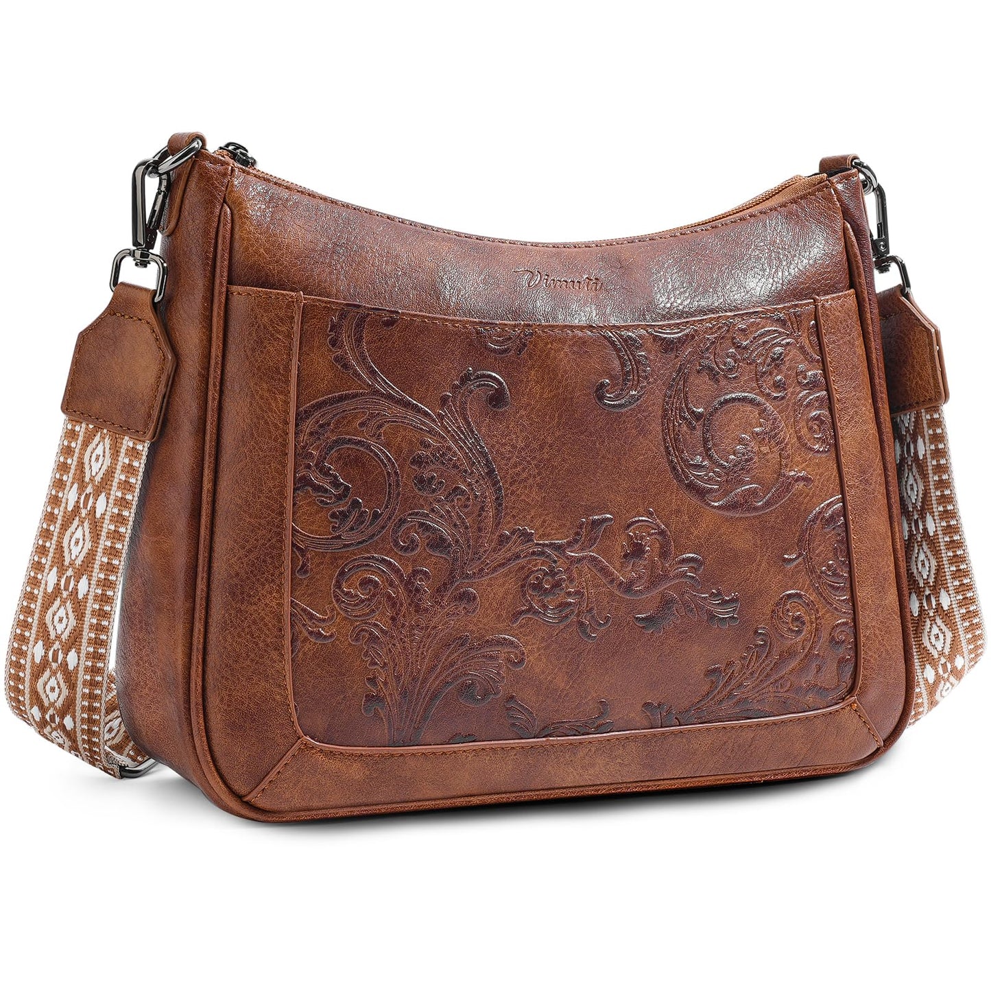 VIMUTI Crossbody Bags for Women,Vegan Leather Crossbody Purse with Adjustable Strap Embossed Flower Women's Shoulder Handbags (01-Brown)