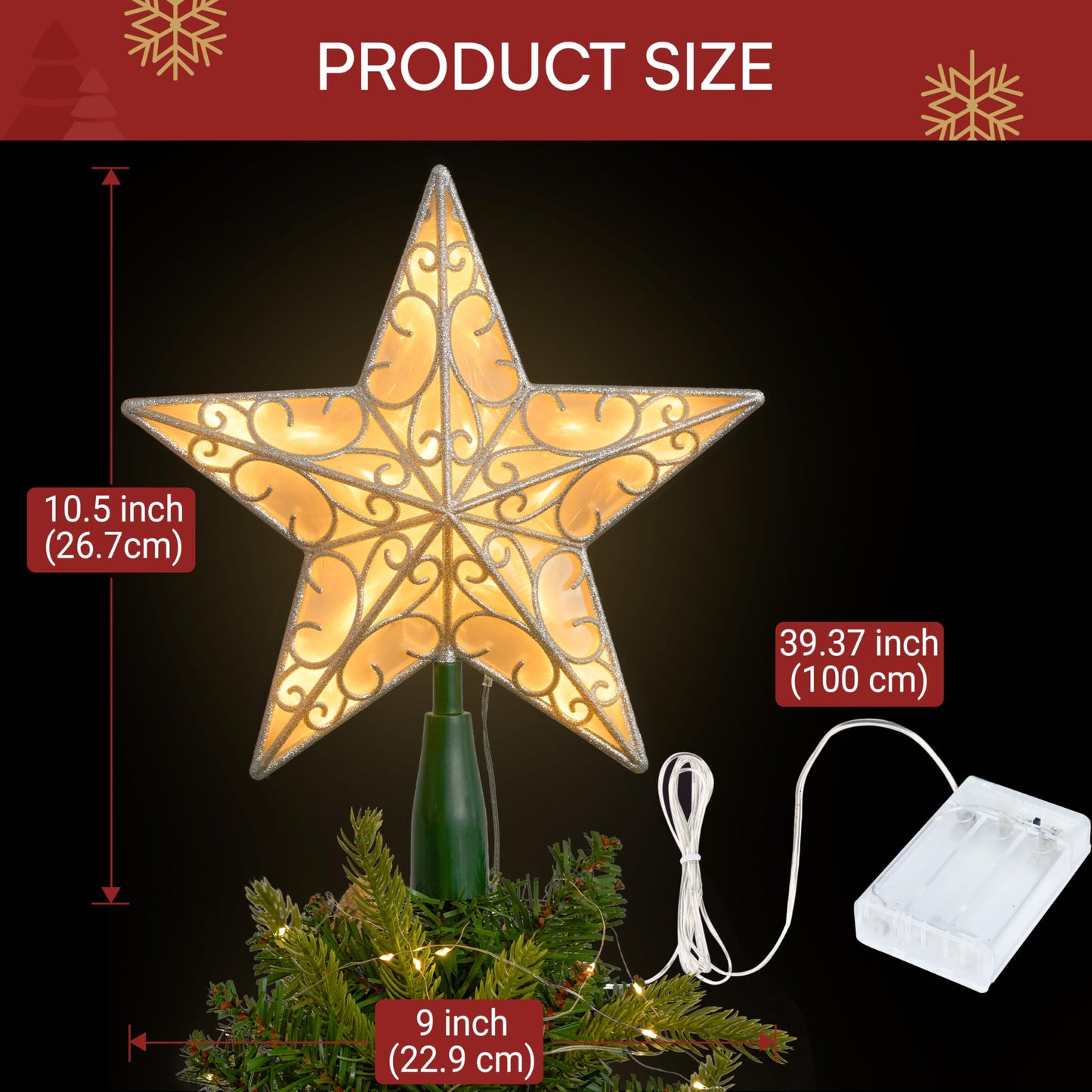 JOIEDOMI 9 inch Silver PVC Star Christmas Tree Topper, with 10 Warm White Light Glitter Swirl Battery Powered Indoor Decorations for Home Holiday Xmas Party