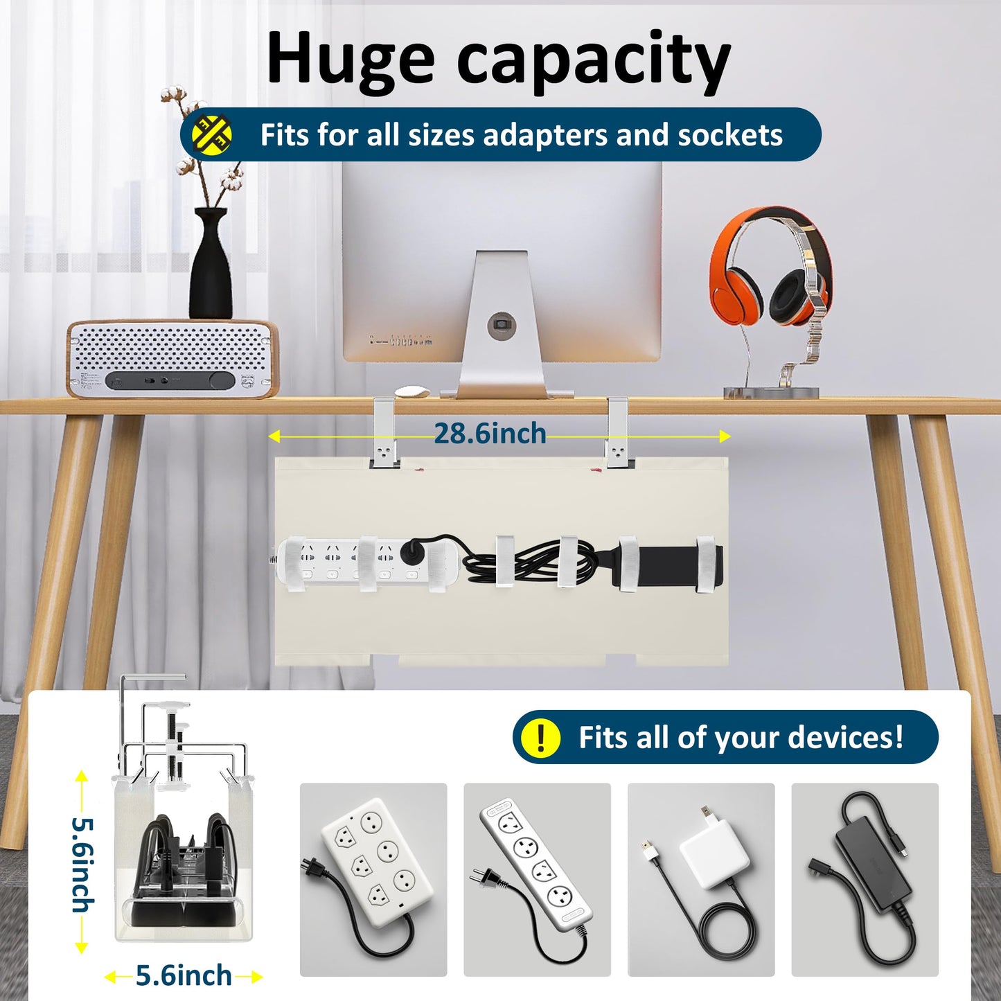 28" Small Under Desk Cable Management Tray No Drill, Compact Clamp On Cord Organizer for Dorm & Small Desk, Anti-Sag Oxford Fabric Wire Hider, Power Strip Holder (Beige, 28.6")
