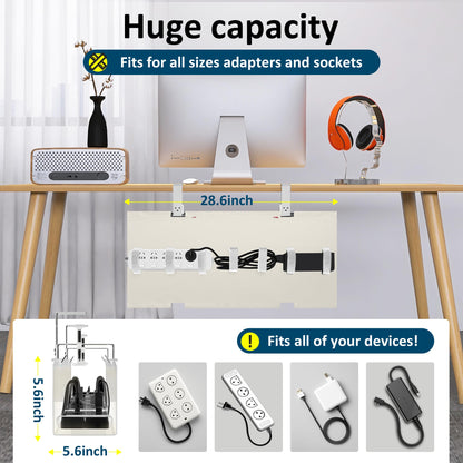 28" Small Under Desk Cable Management Tray No Drill, Compact Clamp On Cord Organizer for Dorm & Small Desk, Anti-Sag Oxford Fabric Wire Hider, Power Strip Holder (Beige, 28.6")