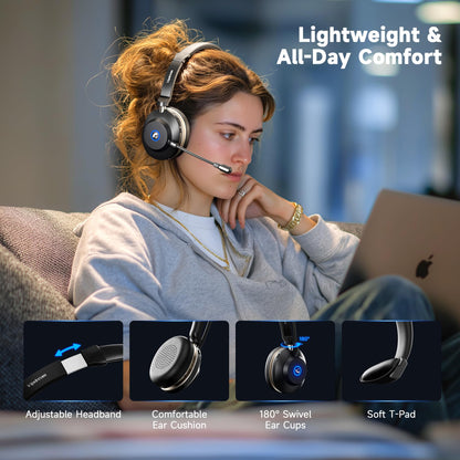 Vipdream Wireless Headset with Microphone for Work, Bluetooth 5.3 Computer Headset for Laptop, 45 Hours Battery Life & Mute Button, Headset with Mic for PC, iPhone, Zoom, Skype, Office & Home