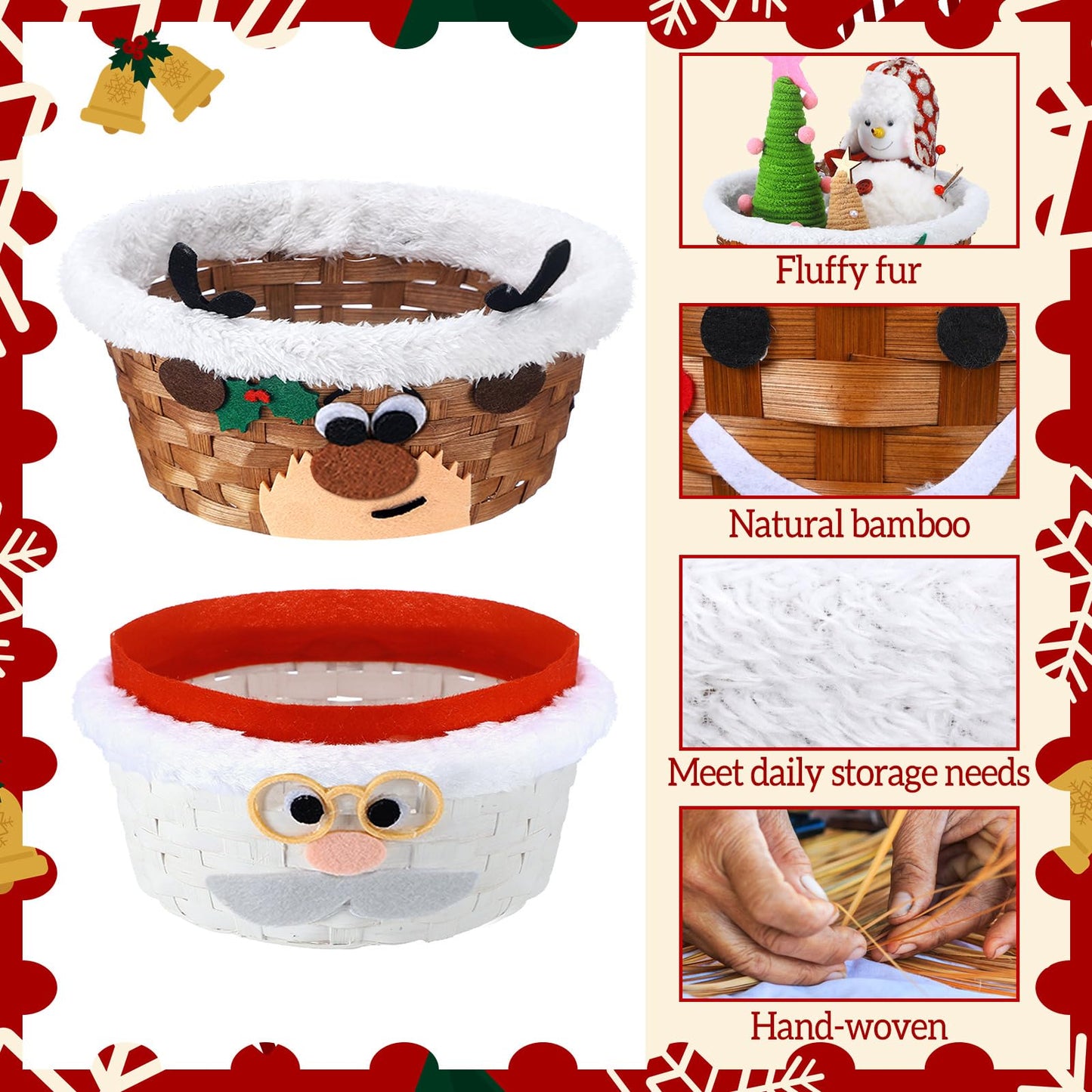 Youyole 4 Pieces Christmas Basket for Gifts Woven Bamboo Xmas Round Gingerbread Basket Small Santa Claus for Christmas Party Supplies Gift Snack Storage (Cute)