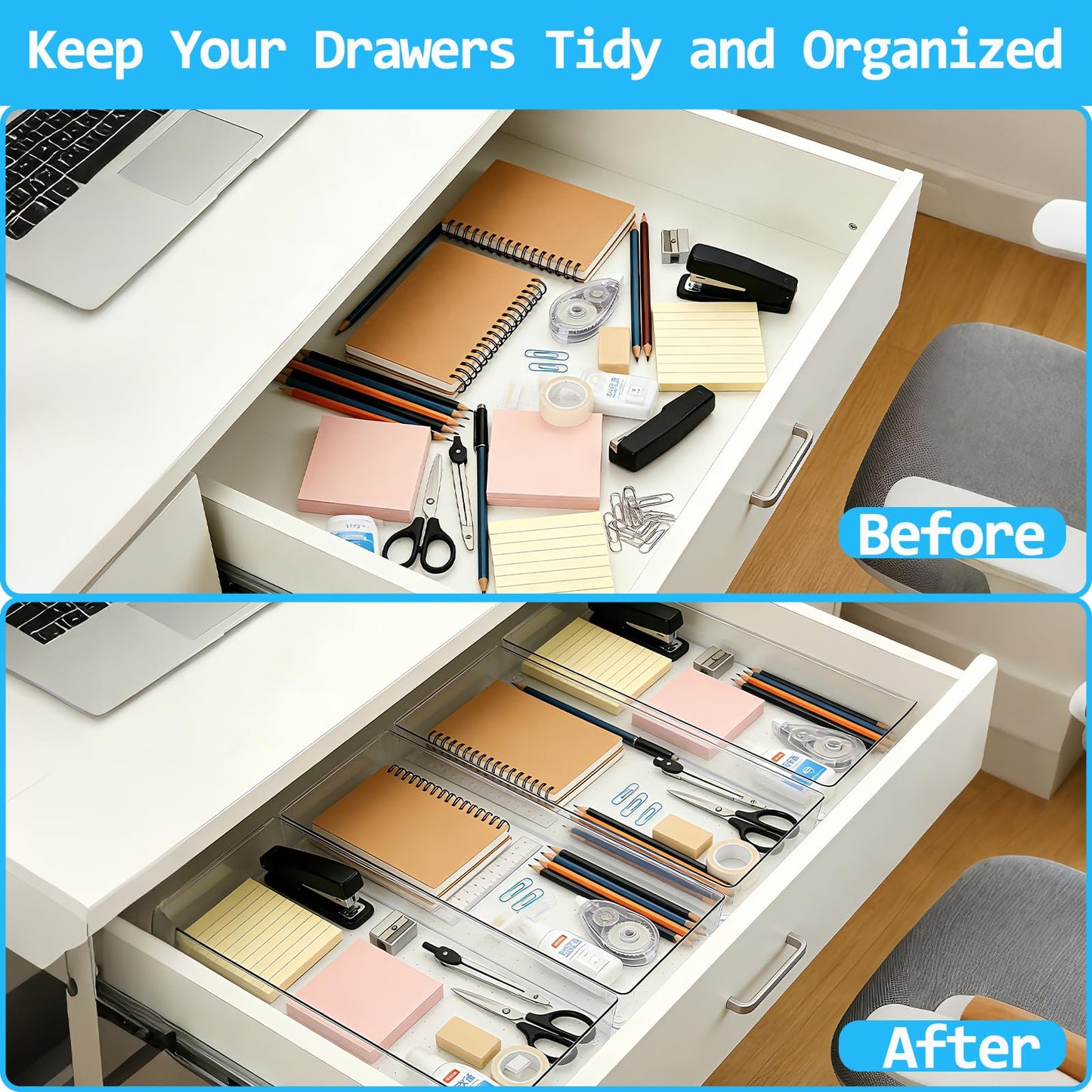 14 Pcs Clear Plastic Drawer Organizer Tray with 2 Pcs 15"x6" Extra Large Trays, Multi-Purpose Storage Bins for Vanity, Makeup, Kitchen Utensils, Bathroom, Office Desk, Auto Tools & Craft Supplies