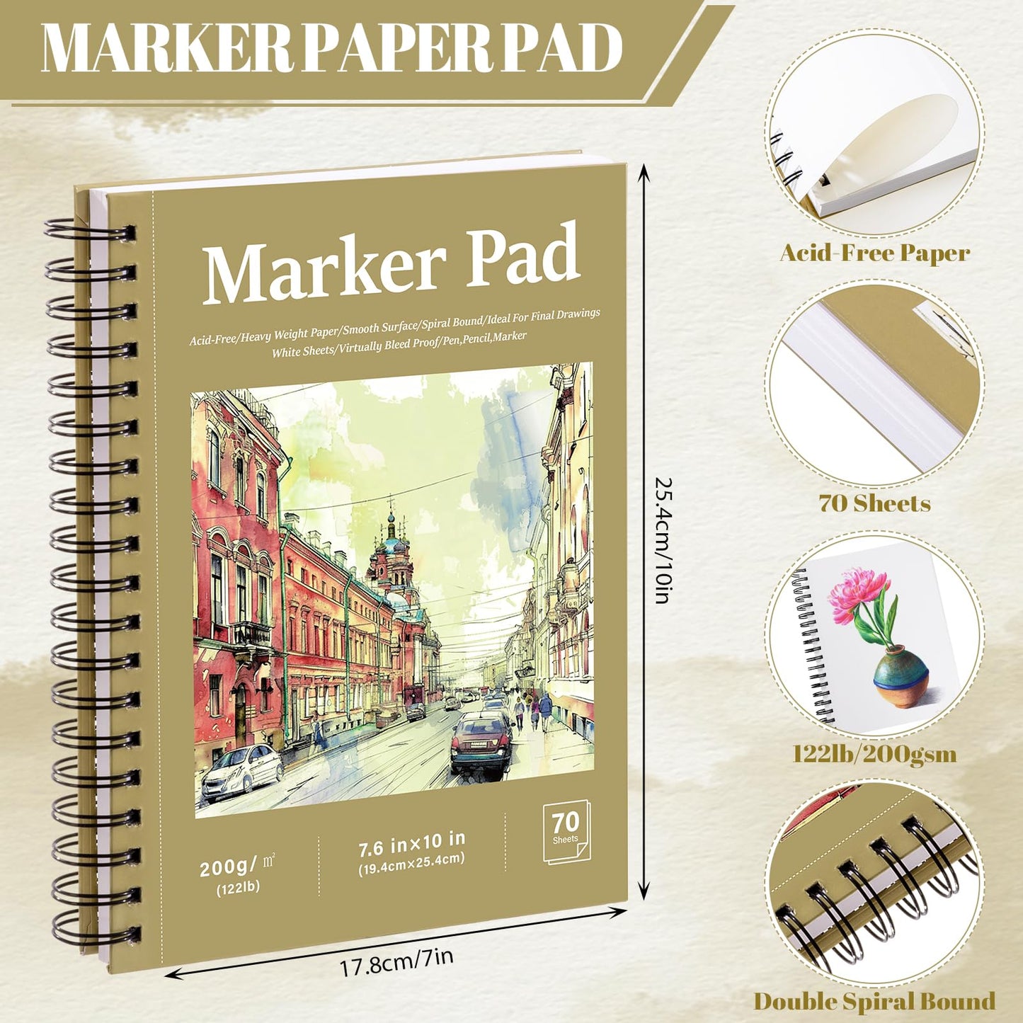 70 Sheets Hardcover Marker Paper Pad, 7.6x10in Alcohol Marker Paper Sketch Pad, 122lb/200gsm Heavyweight Spiral Sketch Book, Painting Coloring Drawing Paper for Beginners Artists Ideal Gift