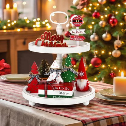 Christmas Decoration 6PCS Table Centerpieces, Tabletop Christmas Decor for Tiered Tray Shelf Mantel Fireplace Coffee Bar Office Desk Farmhouse Xmas Holiday Decoration Wood Faux Book and Tree Sign