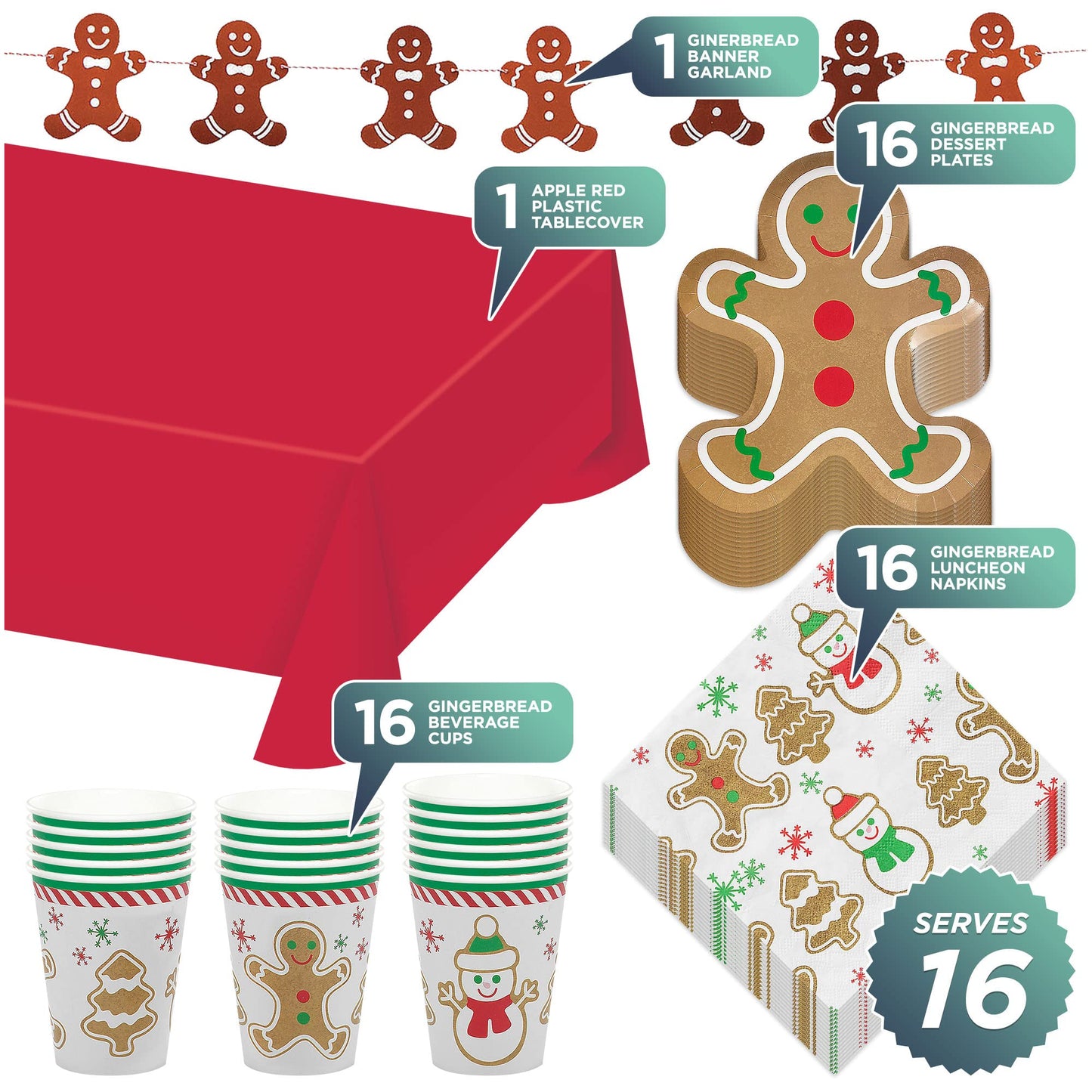 HOME & HOOPLA Gingerbread Man Shaped Paper Dessert Plates, Napkins, Cups, Table Cover, and Hanging Garland for Christmas Holiday and Winter Parties (Serves 16)