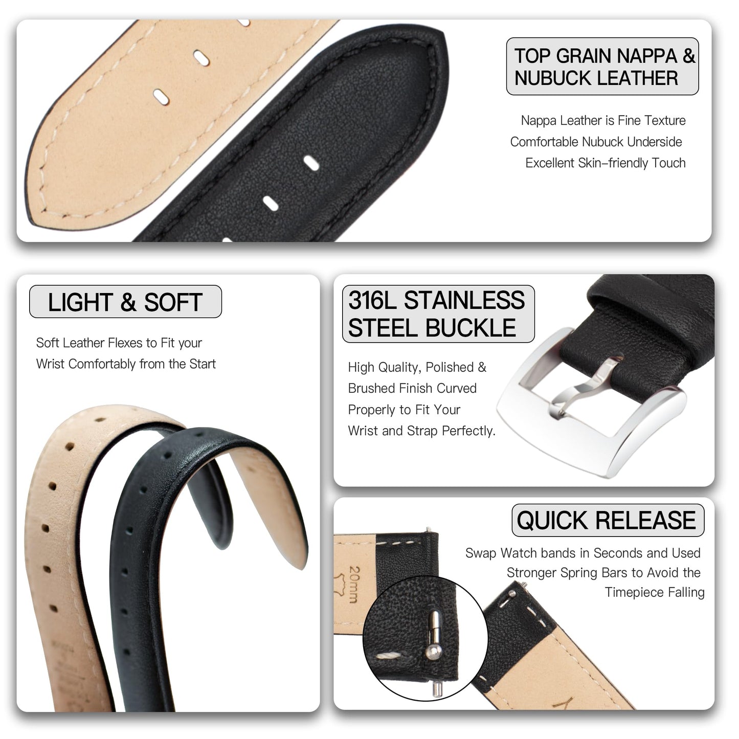 OTTOODY Leather Watch Bands Strap Quick Release, Elegant & Soft Top Grain Genuine Leather Watch band for Men Women, 22mm 21mm 20mm 18mm 16mm Replacement Straps for Watch & Smartwatch, Silver Buckle
