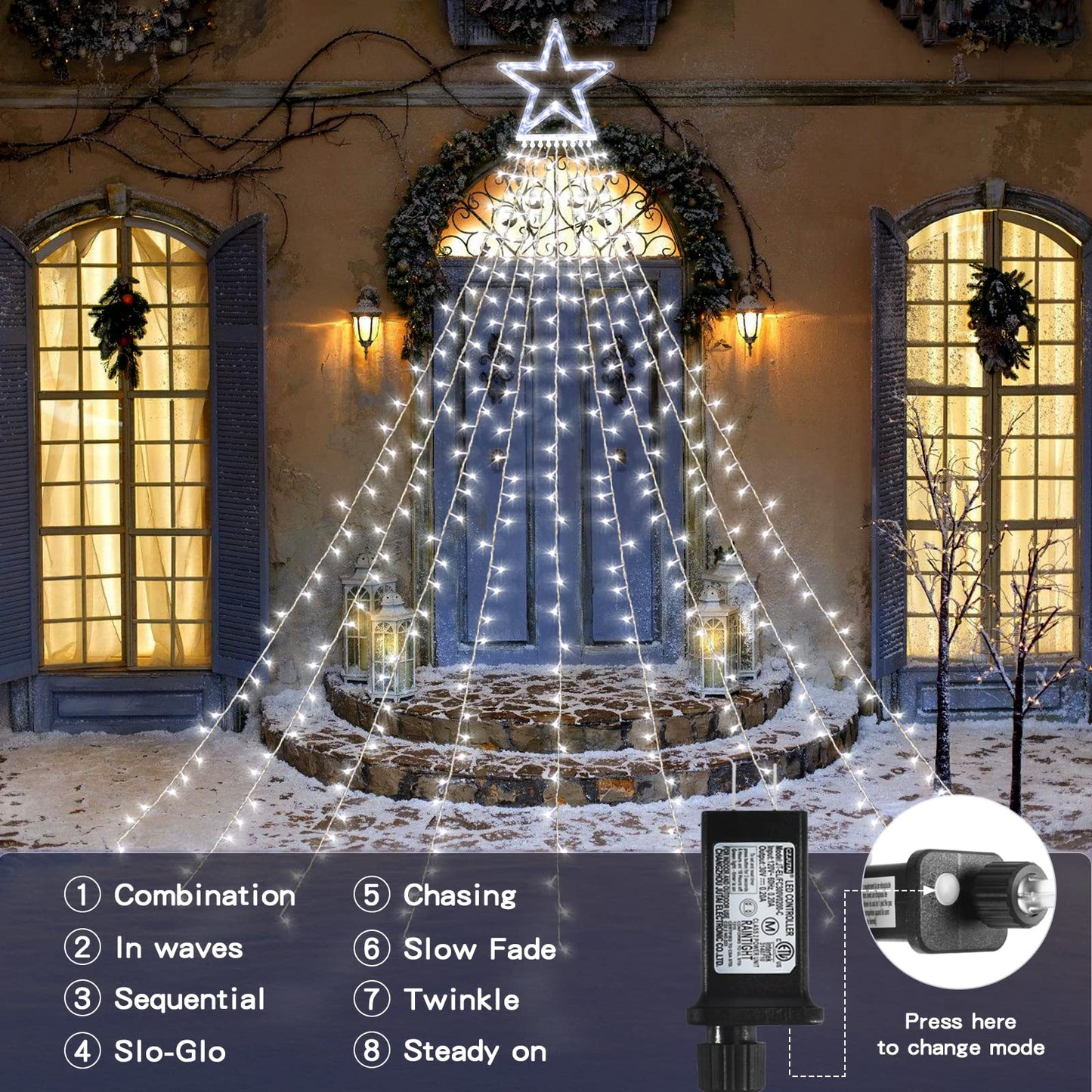 XUNXMAS Christmas String Lights Outdoor Decoration 317 LED Star Fairy String Lights 8 Modes & Waterproof for Party Wedding Patio Yard New Year Holiday Indoor Outdoor Cool White