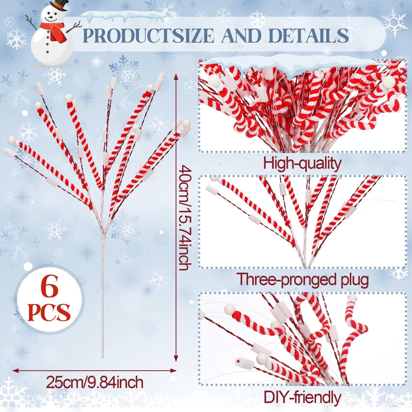 Suncalla 6 Pcs Valentine's Day Tree Decorations 16'' Red and White Stripes Valentines Picks Peppermint Candy Cane Curls Picks Warm Woolen Sticks Tree Topper Ornaments for Vase Wreath Garland Craft