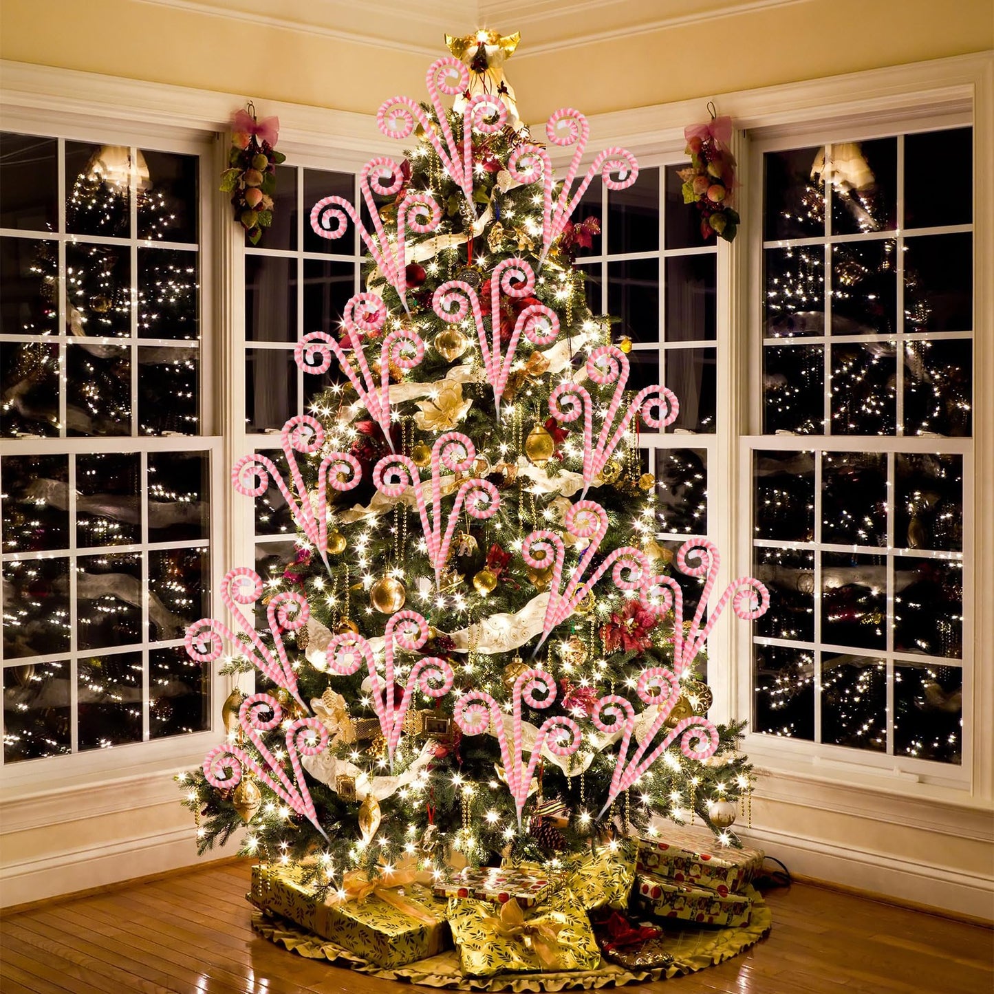 Wettarn 12 Pcs Christmas Tree Decorations Picks White Pink Woolen Candy Curly Picks for Christmas Tree Topper Ornaments with Fixed Wire Felt Striped Xmas Decoration DIY Craft for Party Decorations