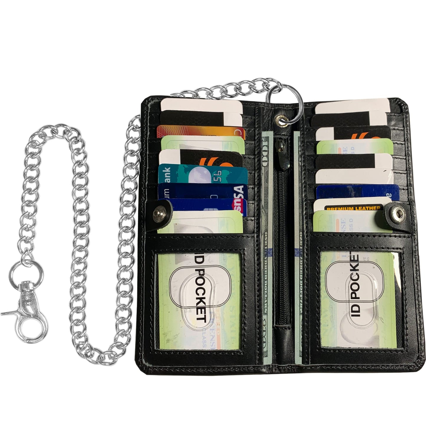 CLASSIC Motorcycle Chain Wallet for Men – Premium Cowhide Leather, RFID Bi-Fold Biker Wallet with Heavy Duty Chain for Bikers Truckers & Hunters, Credit Card Money Organizer Long Wallet Aniline Black