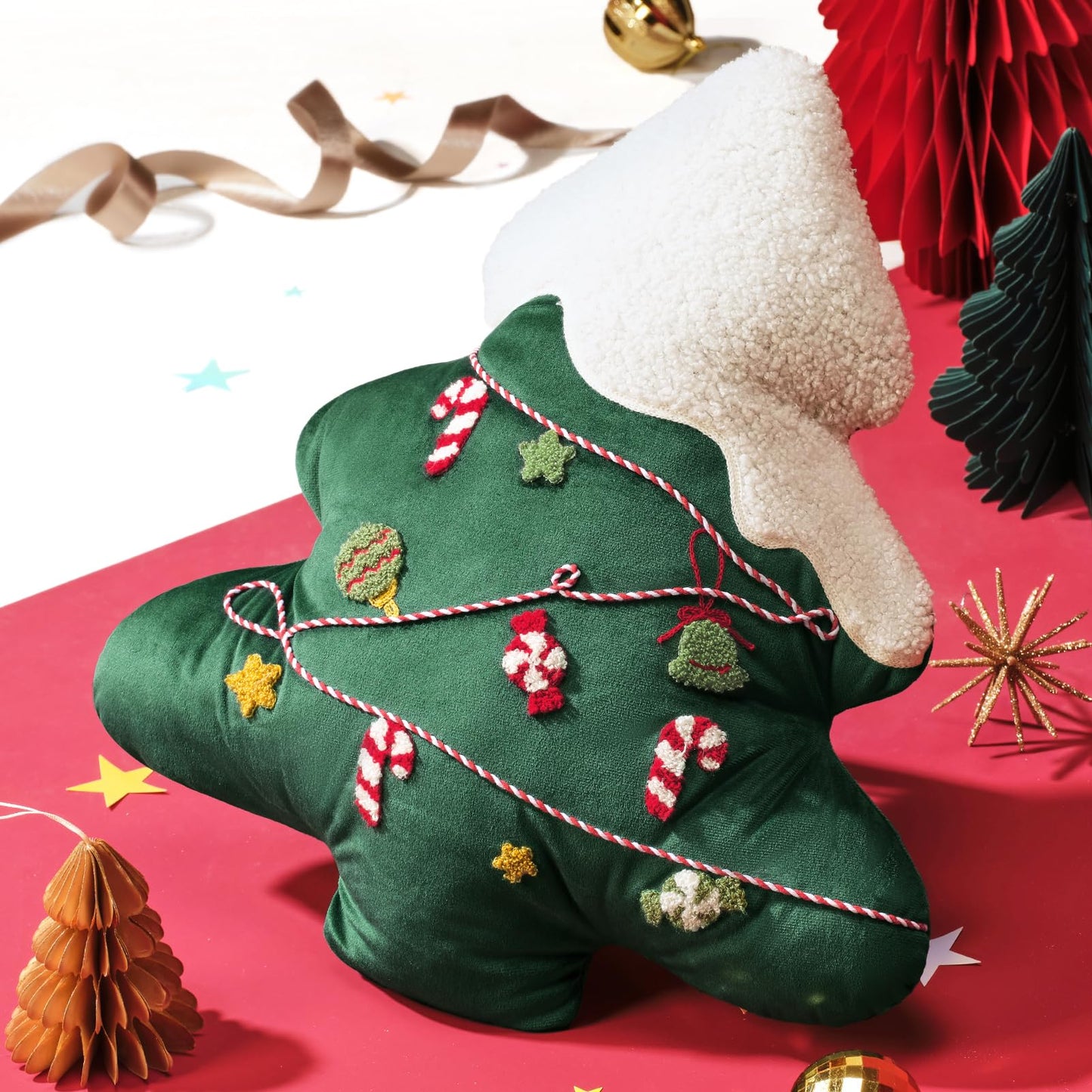 Ashler Merry Christmas Tree Shaped Pillow, Pine Tree Christmas Throw Pillow, White Teddy & Soft Velvet Xmas Decorative with Cute Embroidery, for Couch, Bedroom, Living Room, Green, 19x17 inches