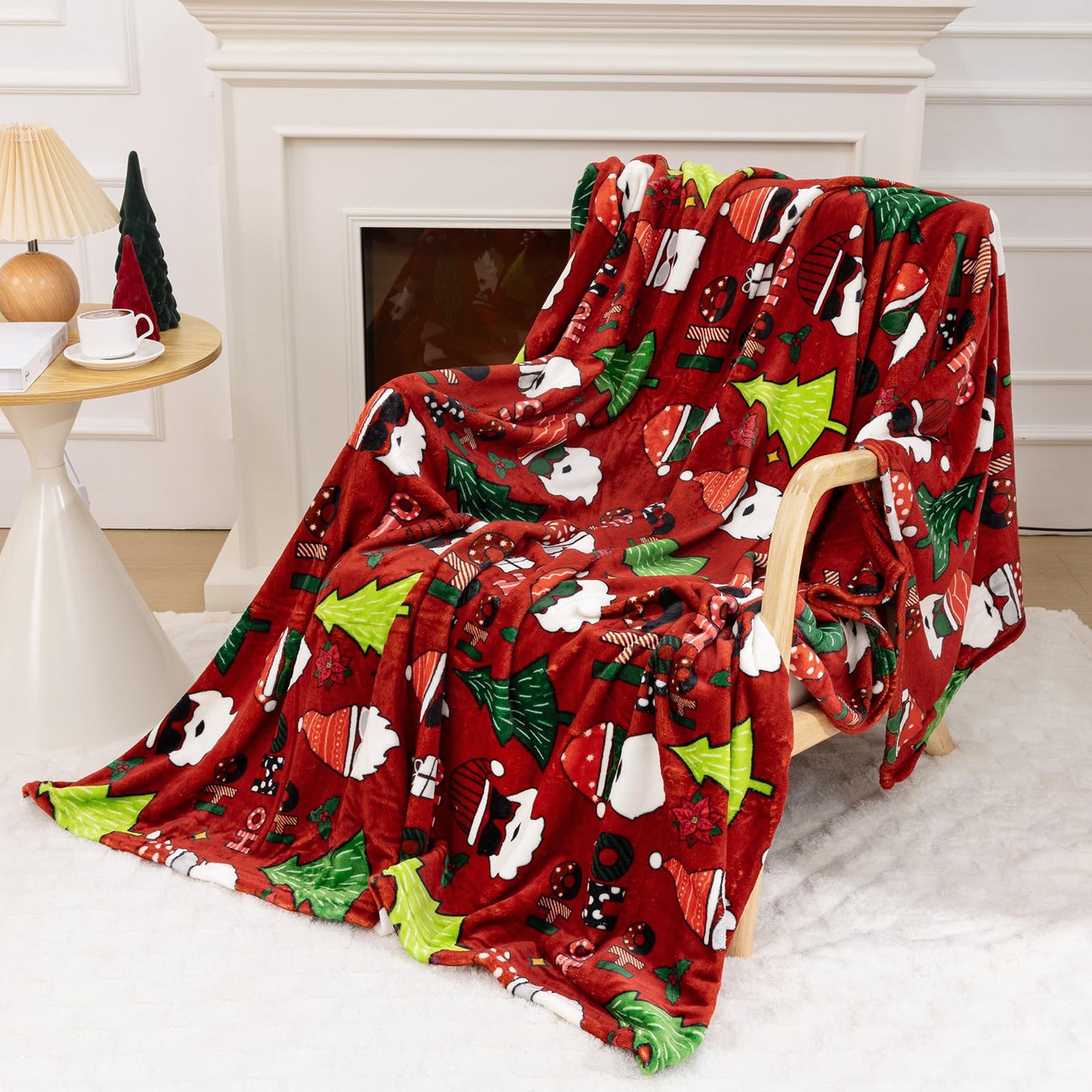 Christmas Throw Blanket, Santa Claus Christmas Tree Printed Fleece Blanket, Soft, Plush, Warm Winter Cabin Bed Throw, 50x60