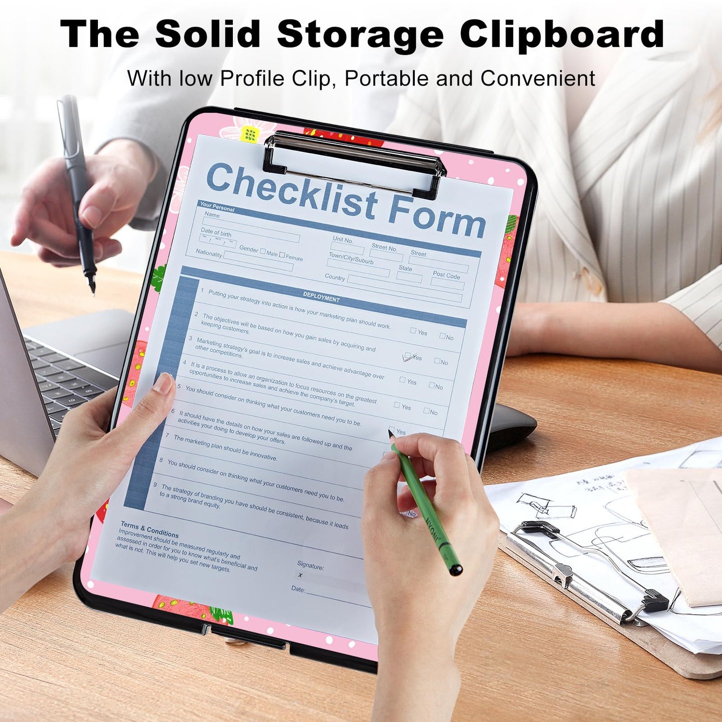 Clipboard with Storage,Plastic Storage Clipboard with Low Profile Clip, Heavy Duty Nursing Clipboards Foldable,Coaches Clipboard Case for Work, Office School Supplies,Teacher,Cute Strawberry Pink