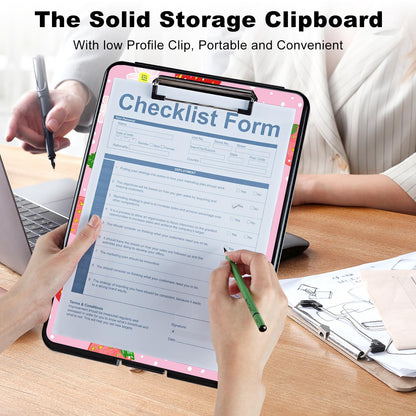 Clipboard with Storage,Plastic Storage Clipboard with Low Profile Clip, Heavy Duty Nursing Clipboards Foldable,Coaches Clipboard Case for Work, Office School Supplies,Teacher,Cute Strawberry Pink