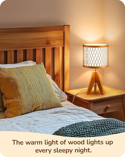 EDISHINE Small Table Lamp, 14.17" Wood Tripod Bedside Lamp with Bamboo Lampshade & PVC Shade, ON-Off Switch & E26 Base, Boho Nightstand Lamp for Living Room, Bedroom