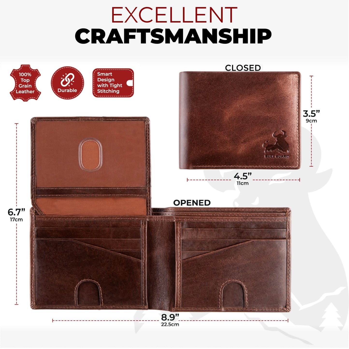 BULL GUARD Mens RFID Blocking Bifold Wallet Soft Genuine Leather Brown Western | Secure and Durable Extra Capacity Billfold with 11 Credit Cards, Flip Up ID