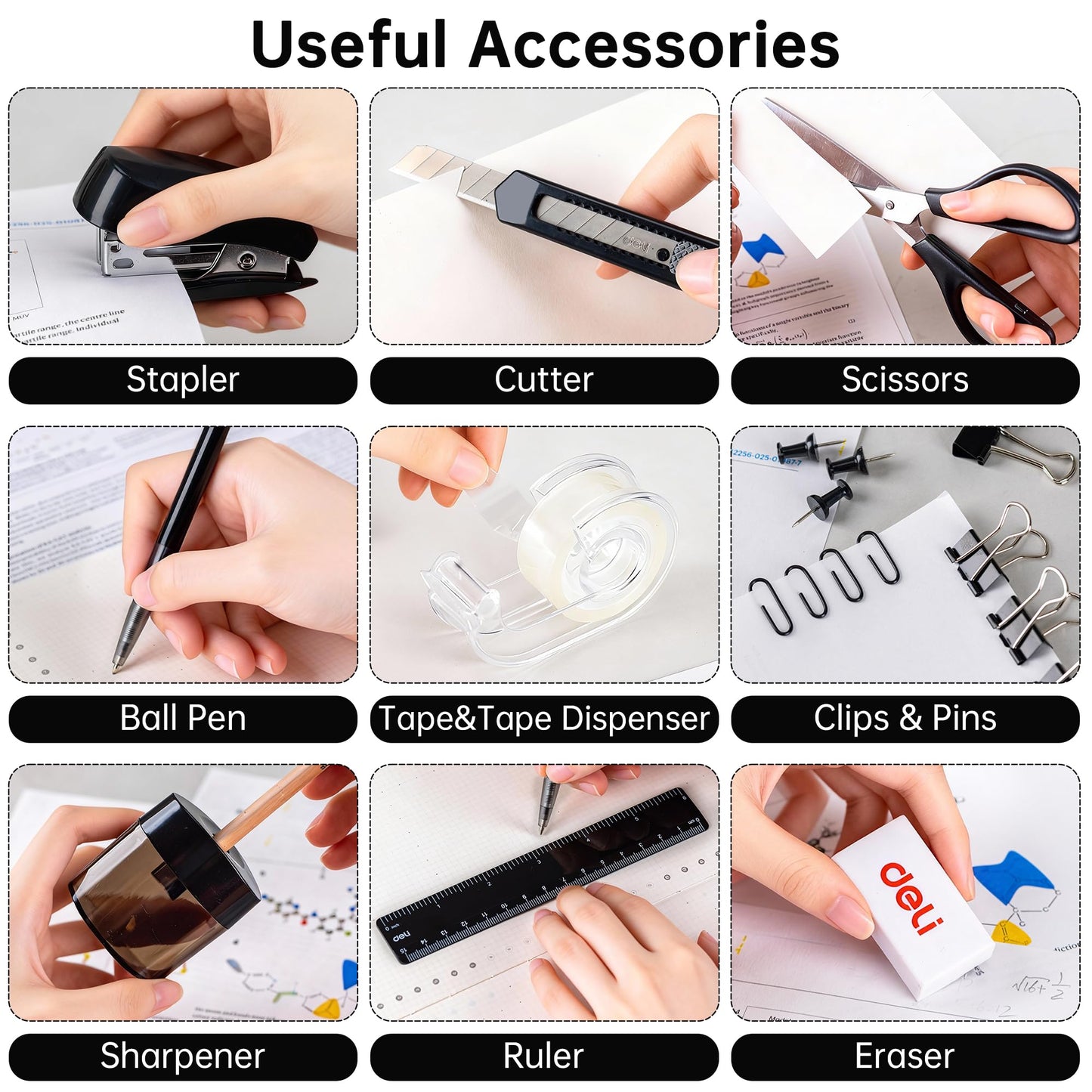 deli Office Supplies Set, 1045 Pcs-Desk Accessory Organizer Kit, Stapler Set, Rotating Multi-Functional Pen Holder, Tape Dispenser, Pens, Binder Clips, Sharpener, Scissor, Eraser, Black