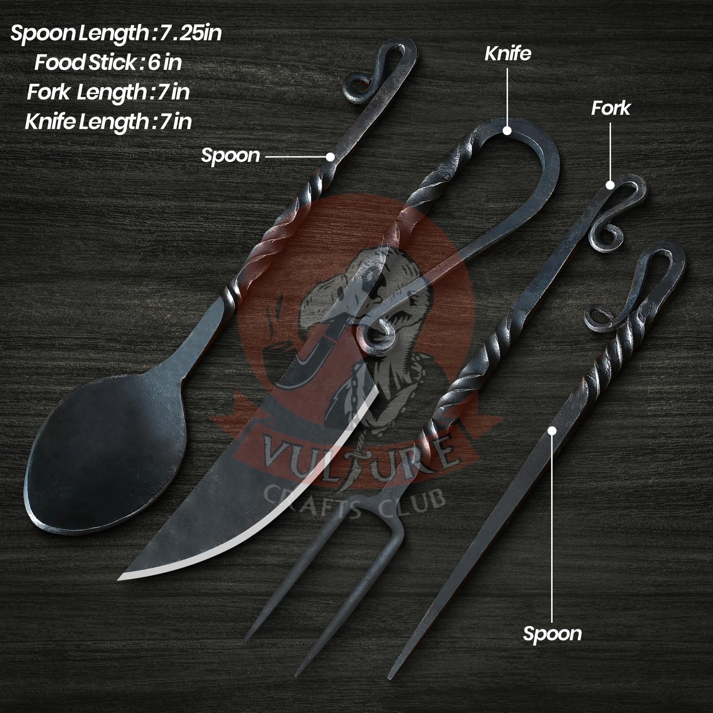 VULTURE CRAFTS CLUB, Medieval Silverware Set with Leather Cover - Hand Forged Medieval Cutlery Set - Viking Camping Utensils, Medieval Decor, Gifts - 4 Pcs Viking Utensils Set Fork Spoon and Knife Set (all Black)