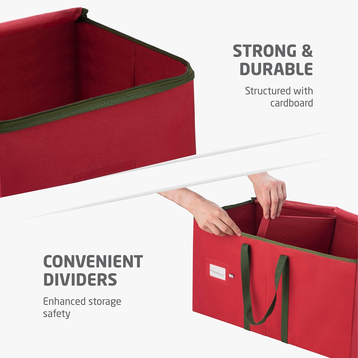 ZOBER Large Christmas Ornament Storage Box - Stores 128 3" Ornaments, With Dividers - Ornament Organizer Storage Box, Durable Christmas Containers Holder - Extra Pockets, Dual Zipper - Red