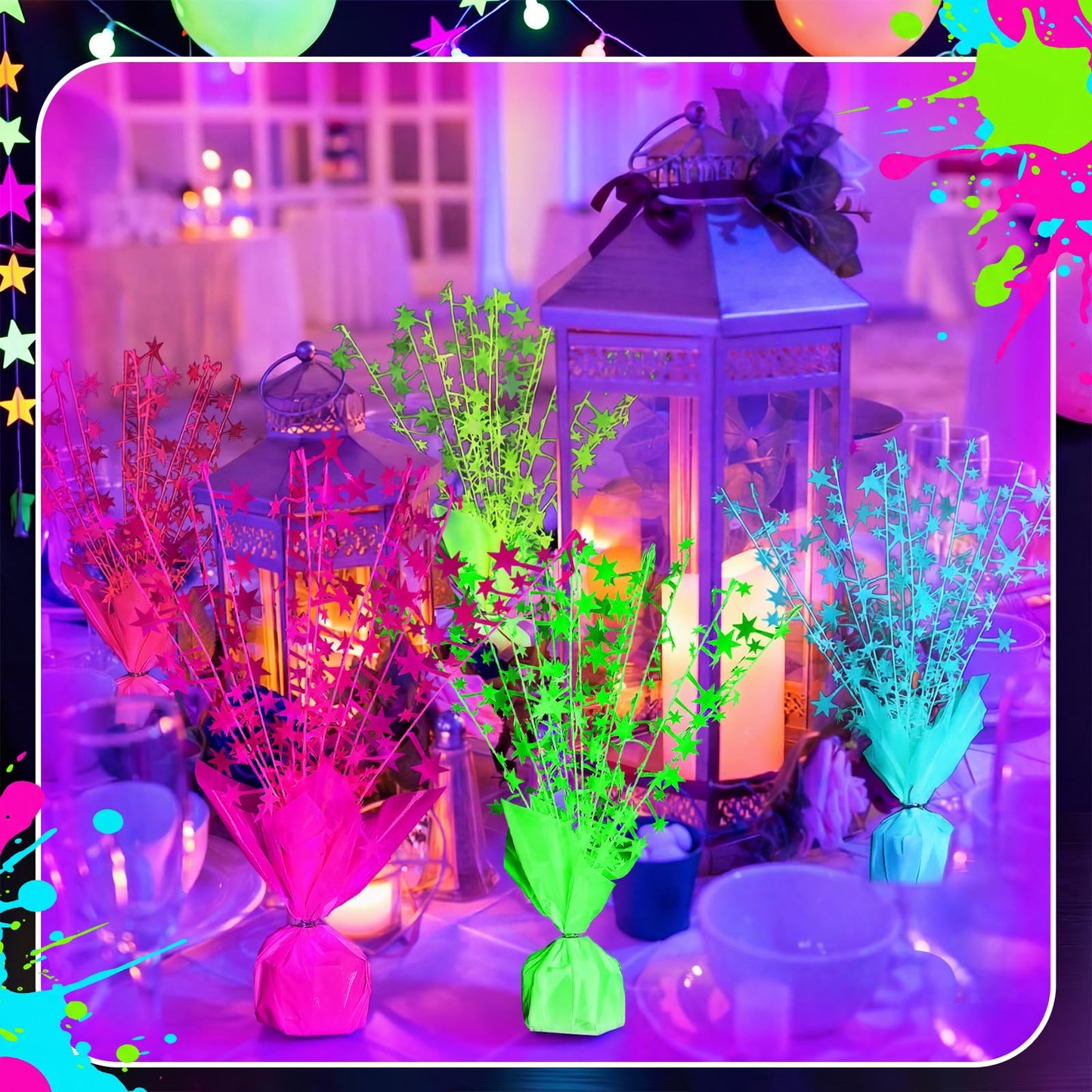 FineCheer 6 Pack Glow in The Dark Centerpieces Neon Birthday Party Decoration Metallic Foil Spray Star Tabletop Fluorescence Party Supply Under UV Light for Graduation Back to Classroom Birthday