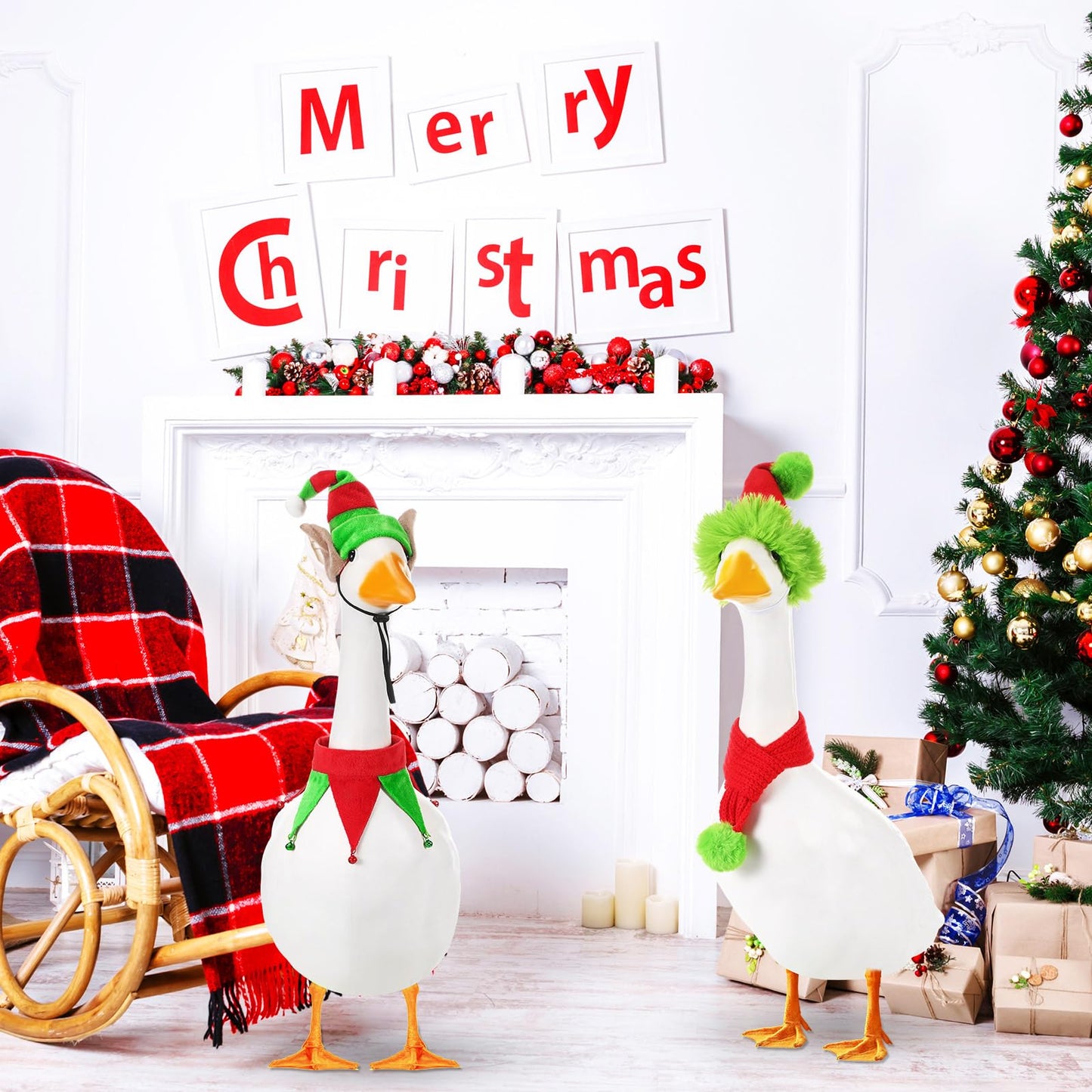Dansydaisy 2 Set Christmas Porch Goose Outfits Santa Goose Clothes Xmas Hat Scarf for Cement Duck 23"/ 17'' Lawn Garden Christmas Party Patio Yard Outdoor (Playful)