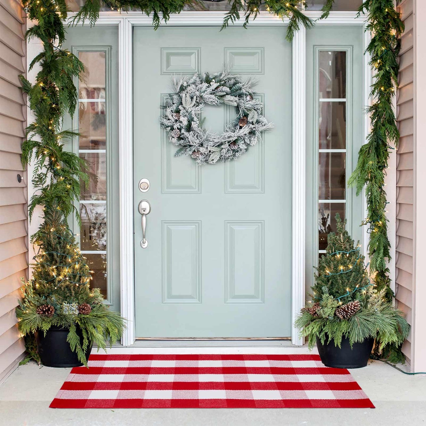 Christmas Red and White Plaid Rug 27.5 x 43 Inches, Hand-Woven Indoor/Outdoor Layered Cotton Blend Buffalo Plaid Rug, Washable Front Door Mat, Perfect for Porch, Living Room, Entryway
