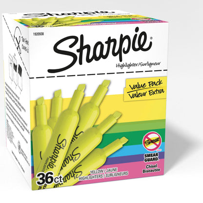 Sharpie Tank Style Highlighters, Chisel Tip, Fluorescent Yellow, 36 Count