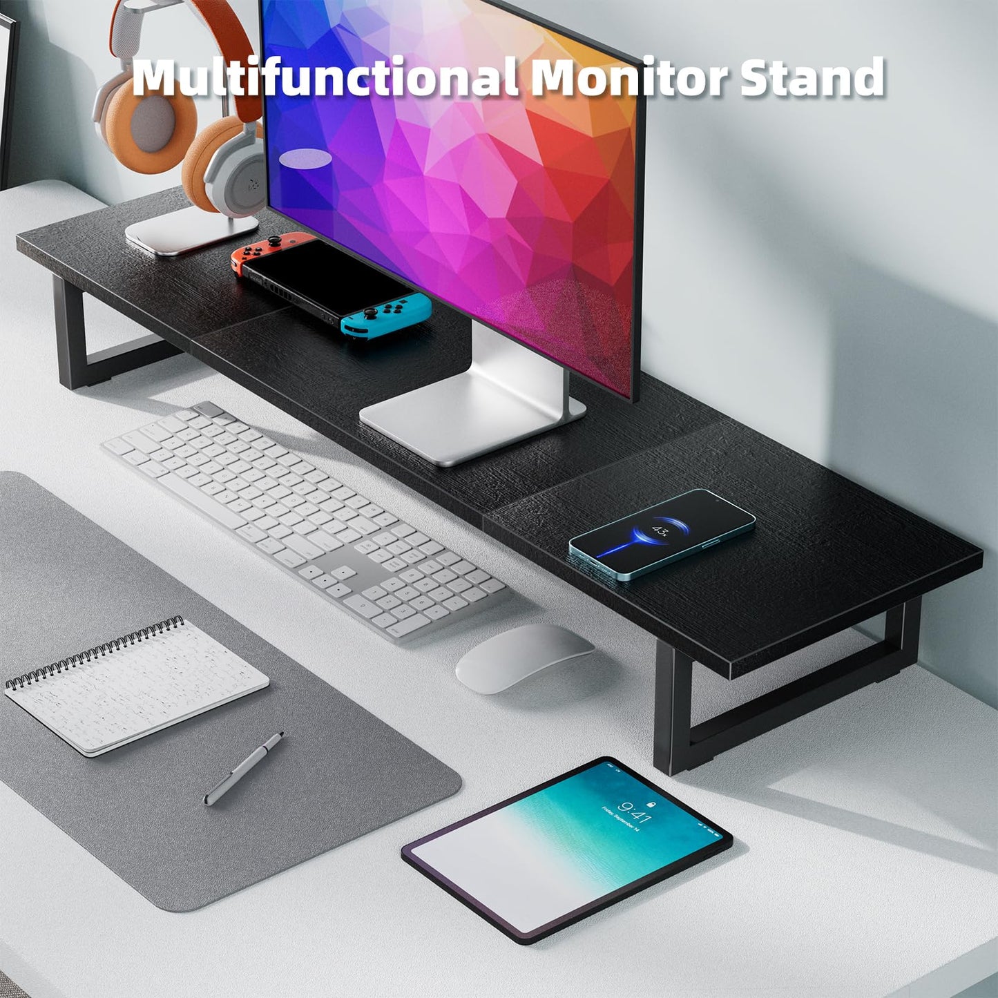 Simple Trending 38 Inch Dual Monitor Stand Riser, Wood and Steel Desktop Organizer for Home Office, Black