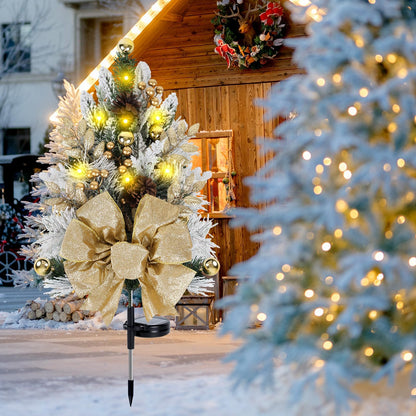 2 Pack Gold Outdoor Pathway Christmas Tree Urn Filler Solar Waterproof Cemetery Xmas Tree Faux Pine Cones Gold Christmas Ball Berry Pathway Light Ornament Stakes for Yard Garden Lawn Walkway Cemetery