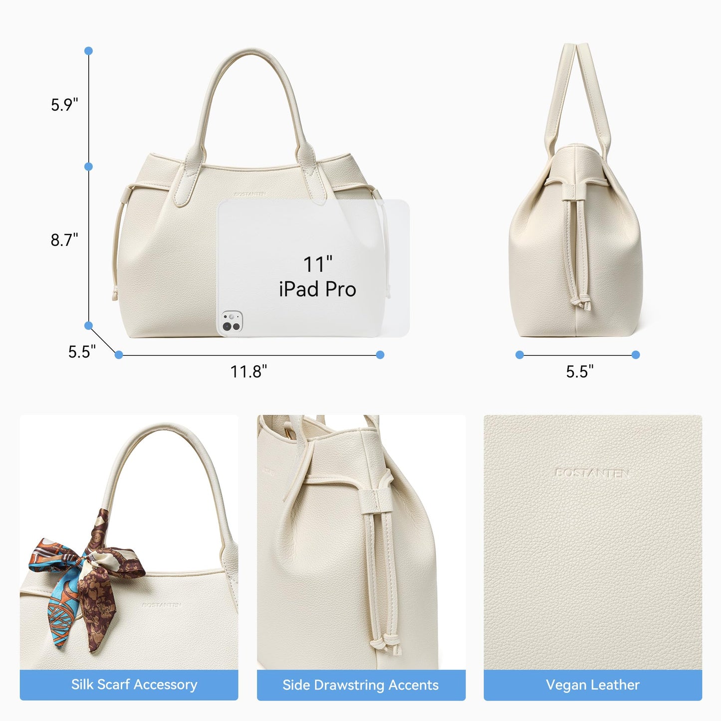BOSTANTEN Silk Scarf Satchel bags Vegan Leather Purses for women Medium Work Tote bag with Removable Strap Off White