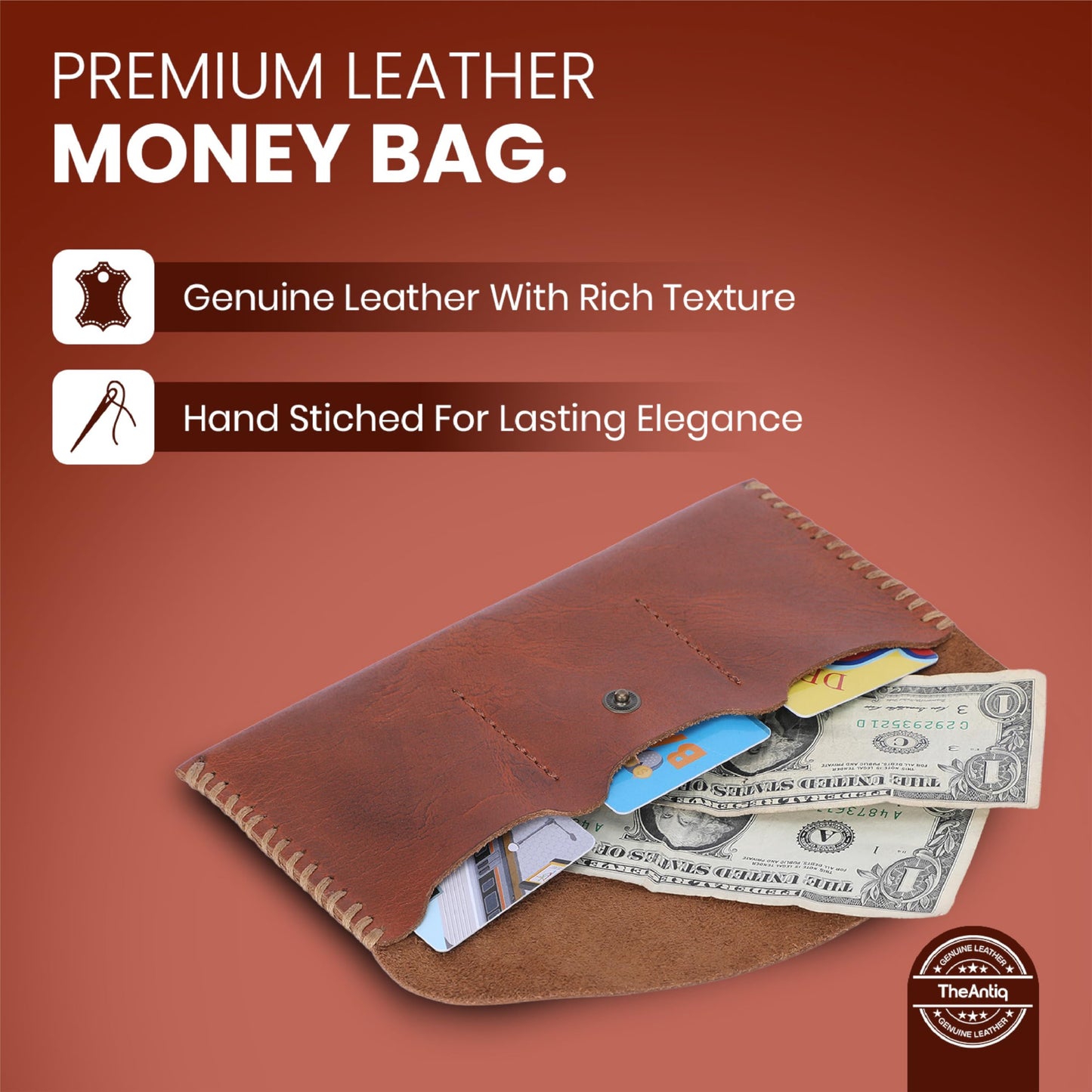 TheAntiq Genuine Leather Currency Pouch for Men & Women – Travel Money Organizer with 3 Card Slots | Handmade Leather Cash Wallet & Dollar Bill Holder – Slim Travel Money Bag