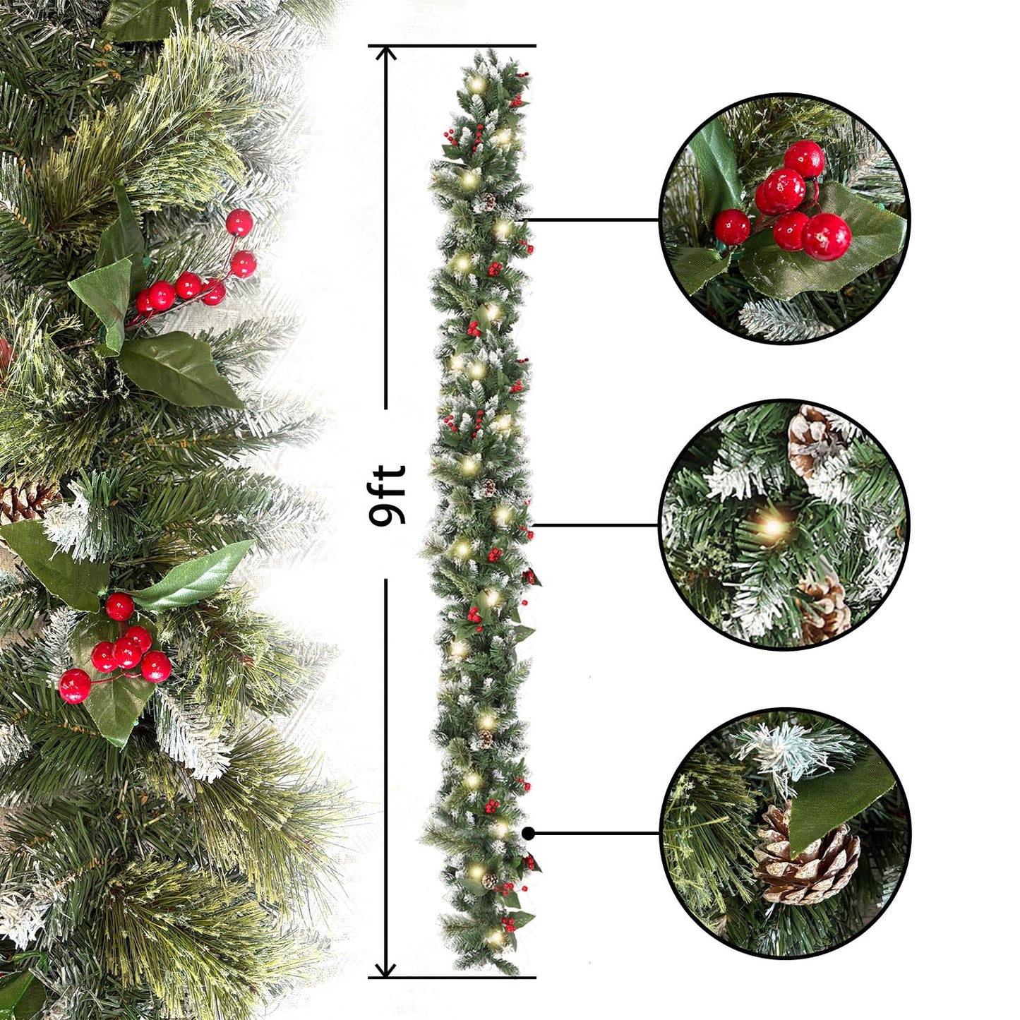 HipTree 9ft Christmas Garland with Lights,Lighted Artificial Flowering Pine Garland for Mantle,Prelit Faux Green Christmas Winter Garland with Pine Cones and Red Berry for Indoor Outdoor Decor