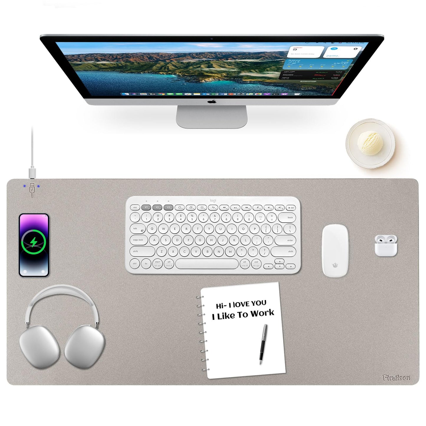 Wireless Charging Mouse Pad Firelison 2 in 1 Leather Multifunctional Office Desk Pad with Non-Slip Rubber Base, Waterproof Desk pad for Computers/Office/Work/Home/Decor（ 36" x 17"Grey - L）