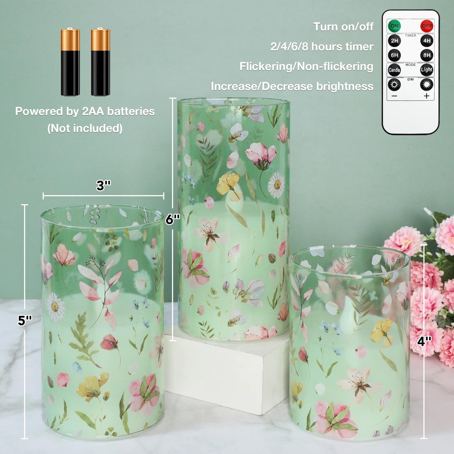 Silverstro Flameless Candles with Remote Timer, Glass Battery Operated LED Candles, Green Floral Design, Cylindrical Shape, Set of 3 for Home Party Wedding Decor
