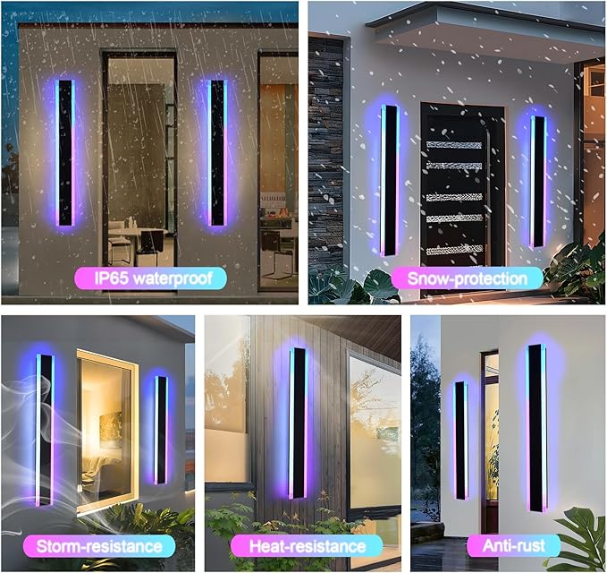 2 Pack RGB Outdoor Long Wall Lights Fixture, 32 inch Exterior Long Linear Lighting, Dimmable Outside Wall Sconce Linear Lights, Outside LED Long Lights for Patio, Porch, Garage, Front Door