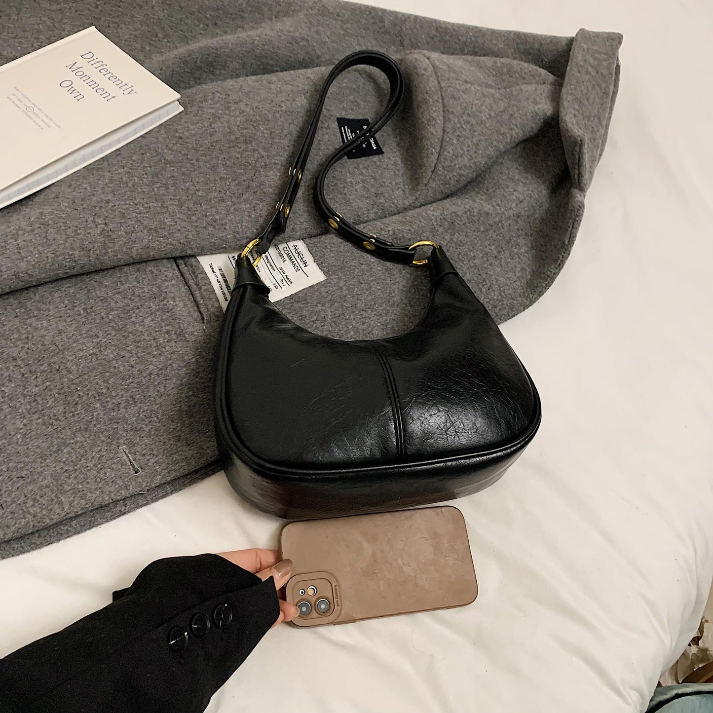 JYG Small Hobo Bags for Women Retro Crescent Black Shoulder Purse Fall Soft Crossbody Handbag 2026