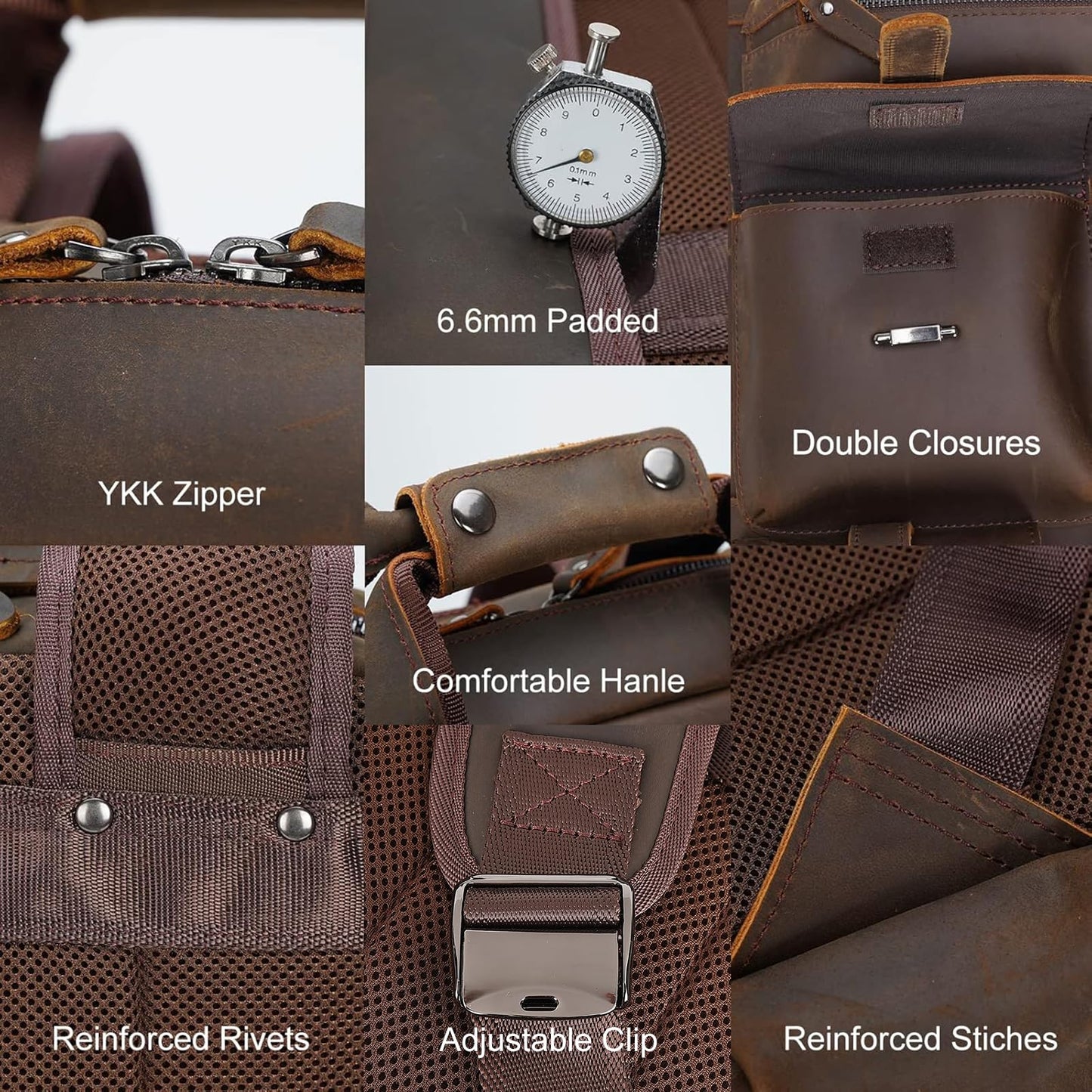 Masa Kawa Leather Backpack for Men Vintage 15.6 Inch Laptop Bag Multi Pockets Casual Travel Daypack Brown