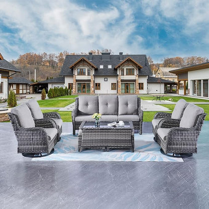 Rilyson Wicker Patio Furniture Set - 8 Piece Rattan Outdoor Sectional Conversation Sets with 4 Swivel Rocking Chairs,2 Ottomans,1 Sofa and 1 Coffee Table for Porch Deck Garden(Mixed Grey/Grey)
