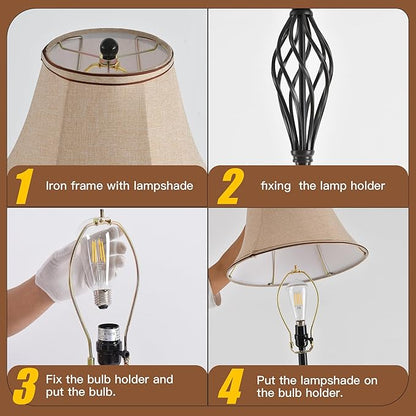 3 Pack Lamp Set, Living Room Lamp Set with Vintage Brown Fabric Shades, Bronze Finish, Solid Iron