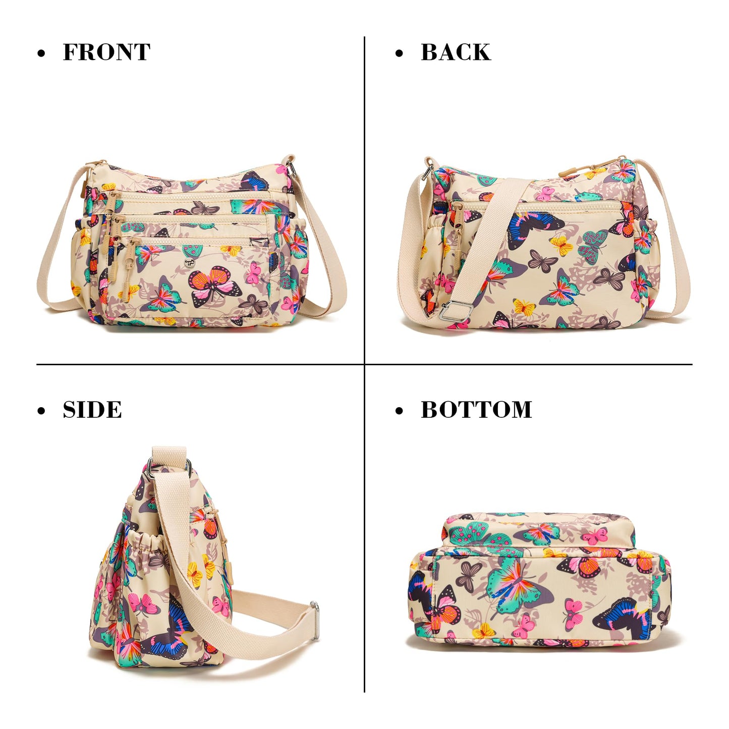 AOCINA Crossbody Bags for Women Multi Pocket Nylon Lightweight Ladies Purses Messenger Shoulder Handbags Satchel Travel Bag (Beige Butterfly)