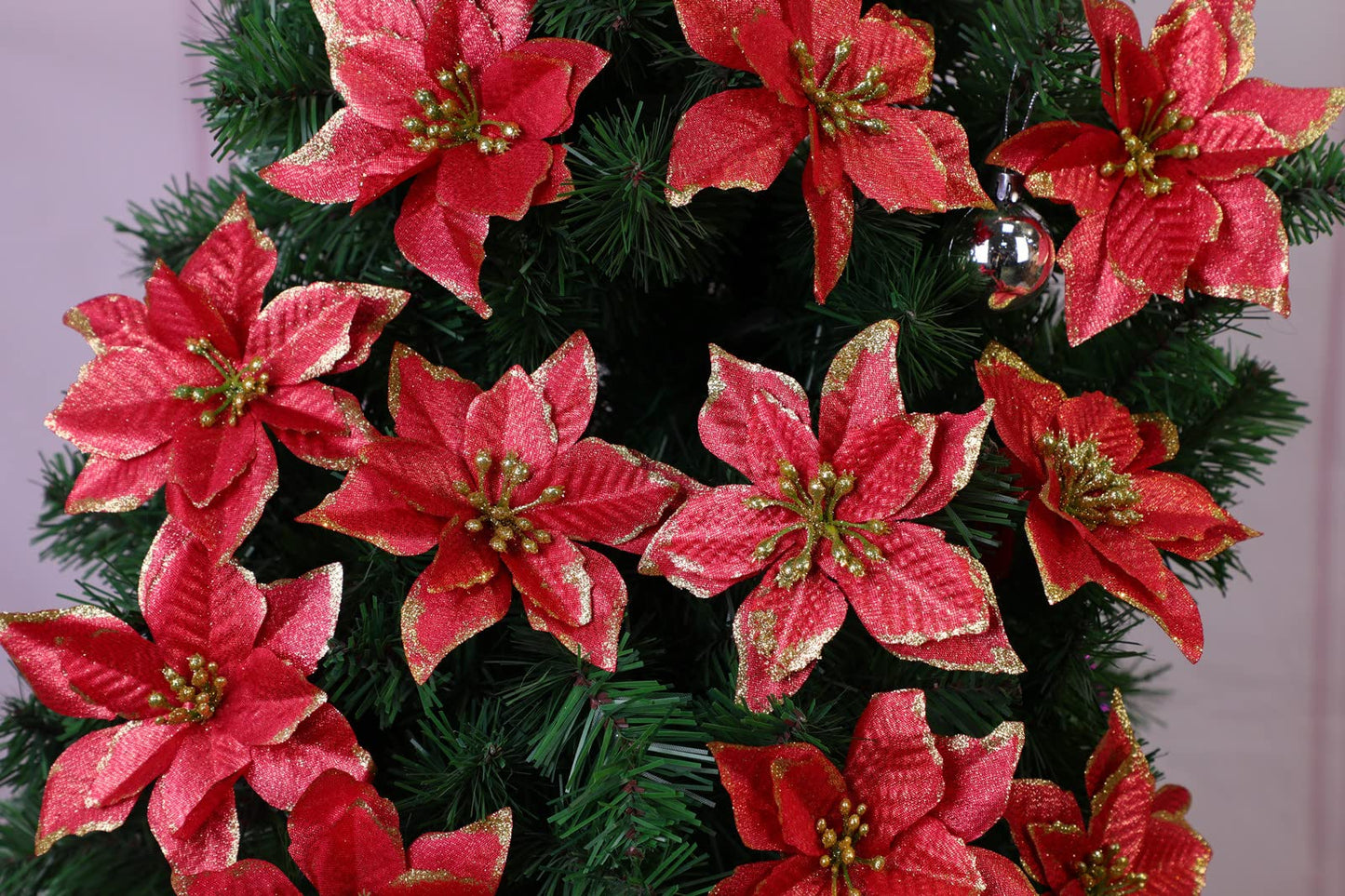 KEPATO Christmas Glitter Poinsettia Christmas Tree Ornaments Pack of 12 (Burgundy)