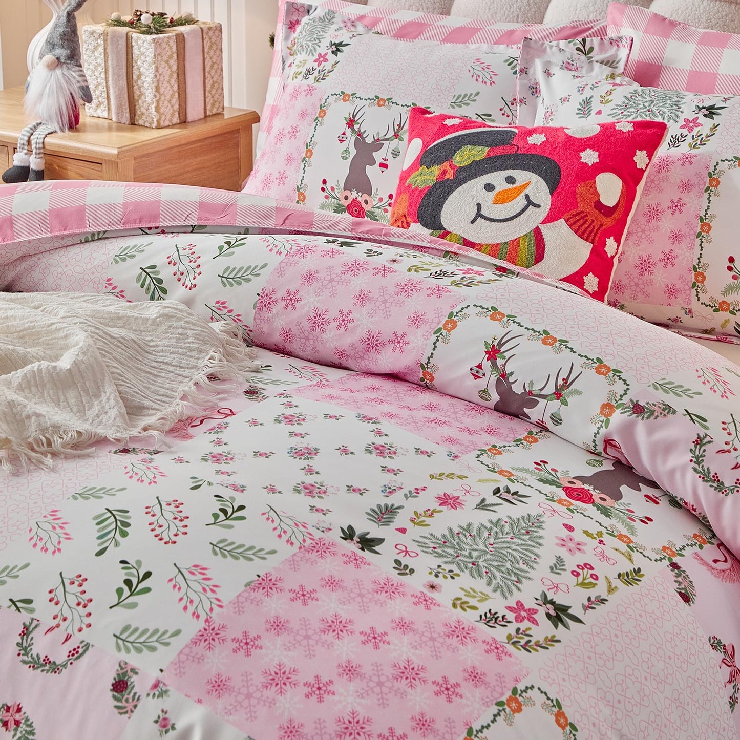 Joyreap 3pcs Christmas Duvet Cover Set King, Pink n White Xmas Patchwork Design Comforter Cover Set, Includes 1 Duvet Cover and 2 Pillow Shams