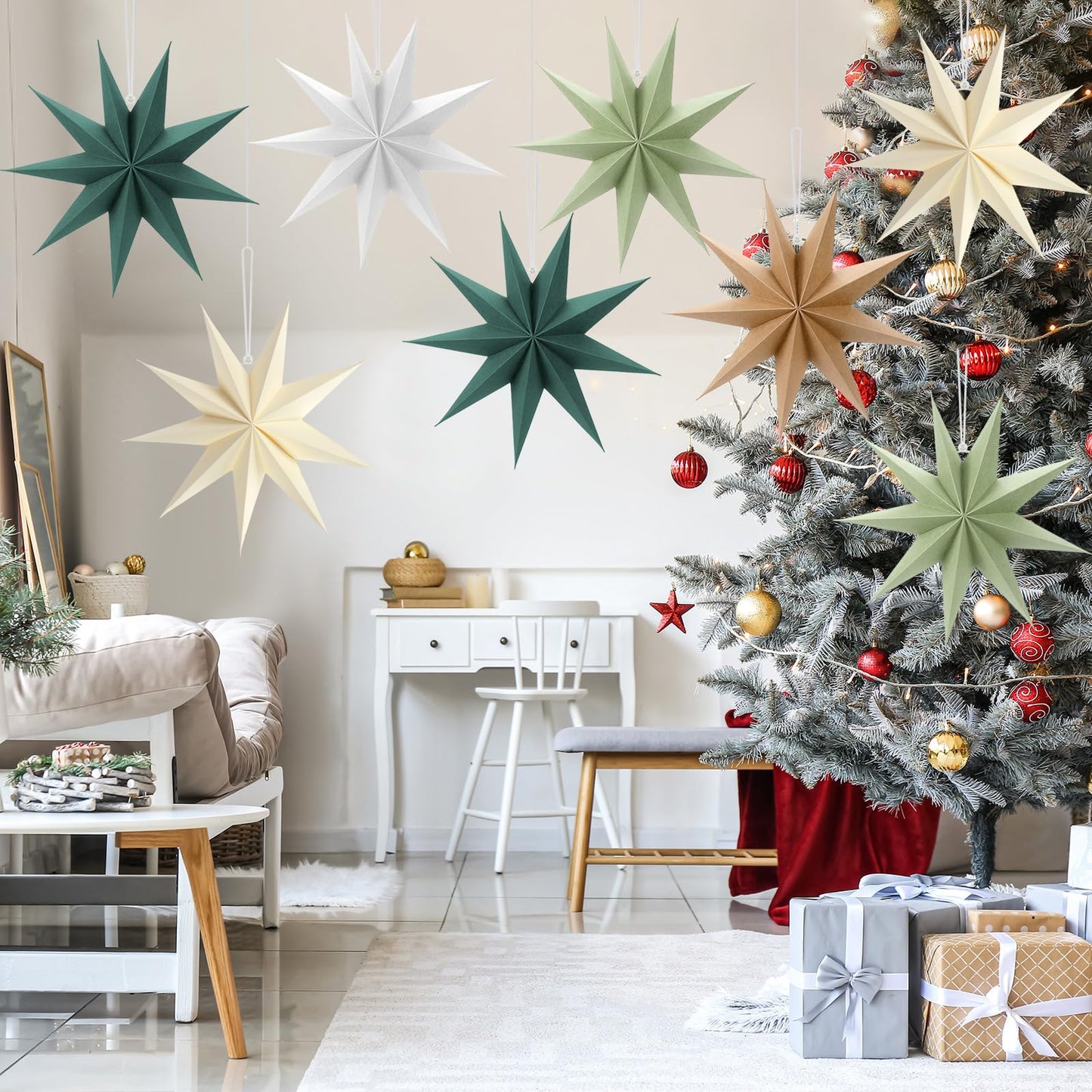 8 Pack Sage Green 9-Pointed Paper Star Lantern Christmas Hanging Paper Lampshade Christmas 12 inch Star Pendant for Xmas New Year Wedding Holiday Birthday Birthday Party Home Decoration