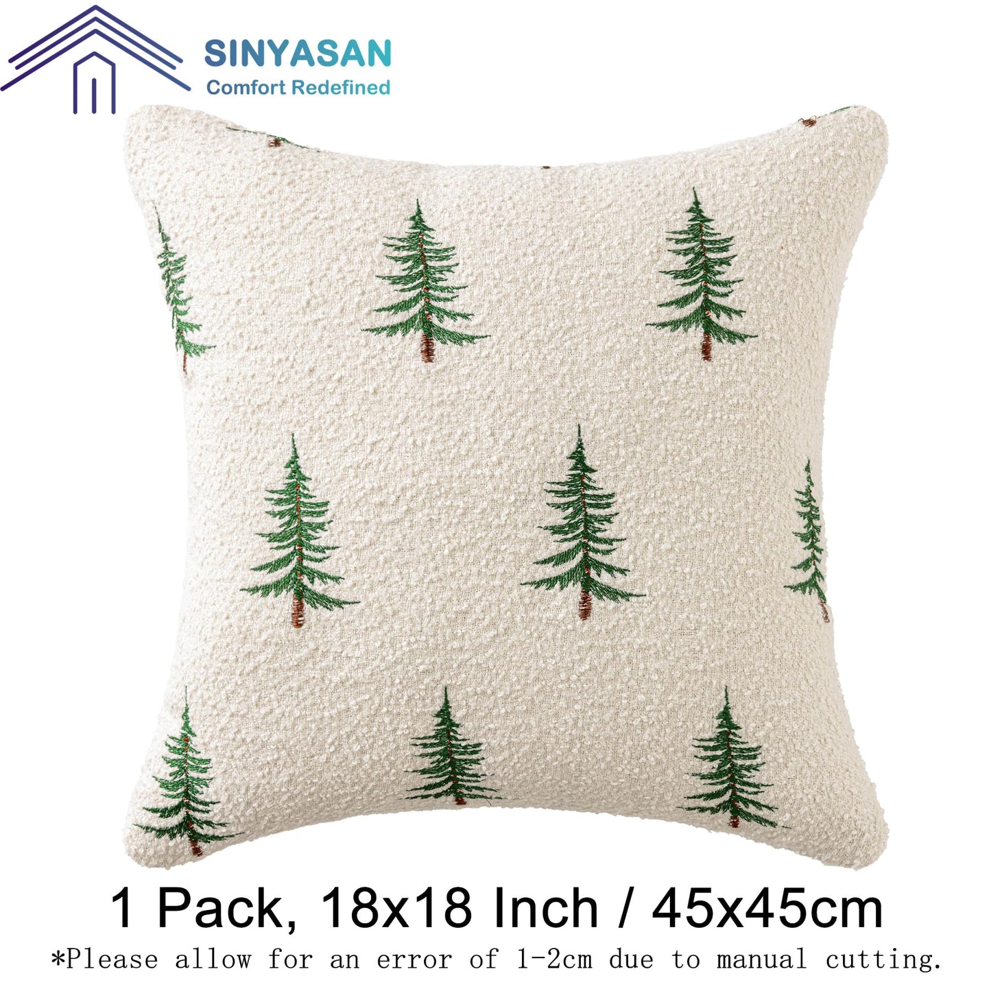SINYASAN 1 Pack Christmas Tree Throw Pillow Covers 18"x18" White Boucle Pillow Cases with 3D Embroidery Decorative Holiday Winter Thanksgiving Decorations for Couch Sofa Living Room