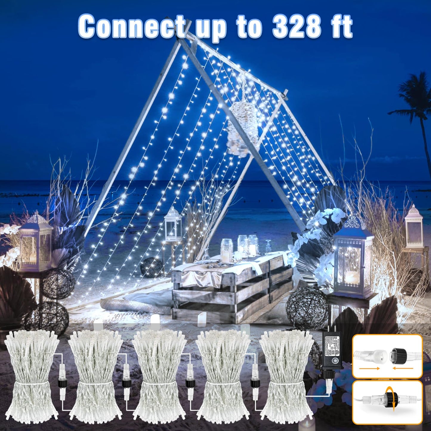 100FT 300 LED Outdoor String Lights, Plug in Connectable Christmas Lights Indoor Waterproof, 8 Modes Clear Wire String Lights for Outside Patio Garden Wedding Party Holiday Decorations, Cool White
